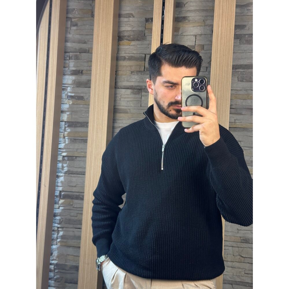 Yarım Fermuarlı Oversize Triko Kazak Siyah