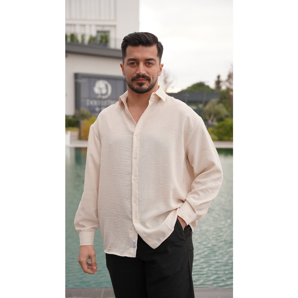Oversize Bej Keten Gömlek