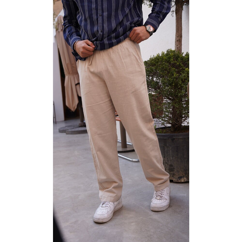 Baggy Krem Keten Pantolon