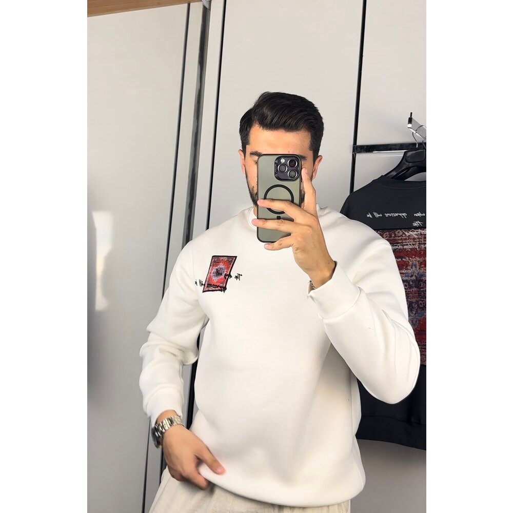 Etnik desen baskılı oversize sweat Beyaz