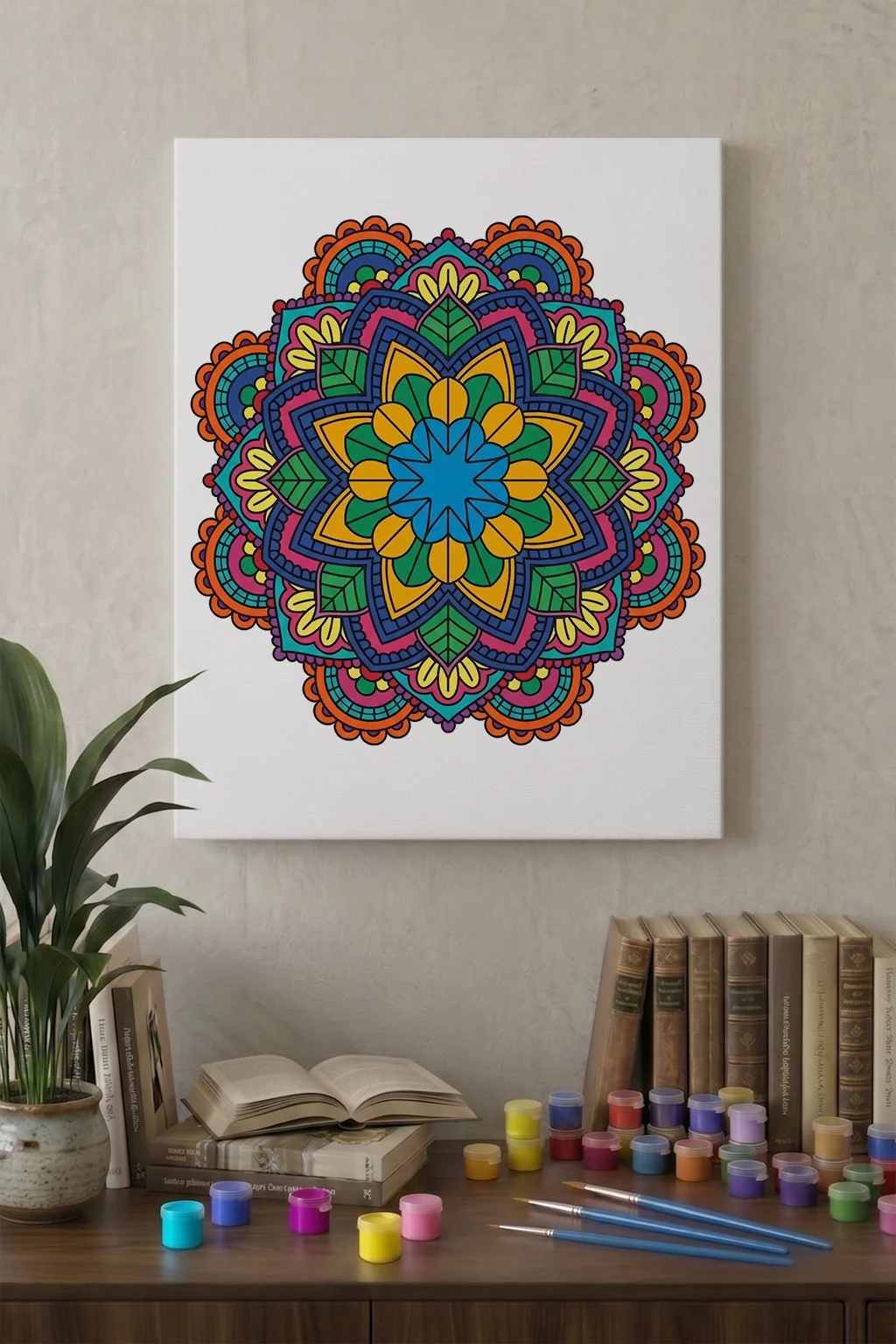 Mandala tuval boyama setinde desen ve renk hazırlığı