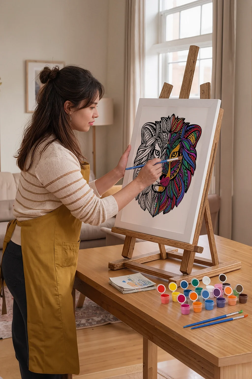 Aslan figürlü detaylı mandala tuval boyama deseni