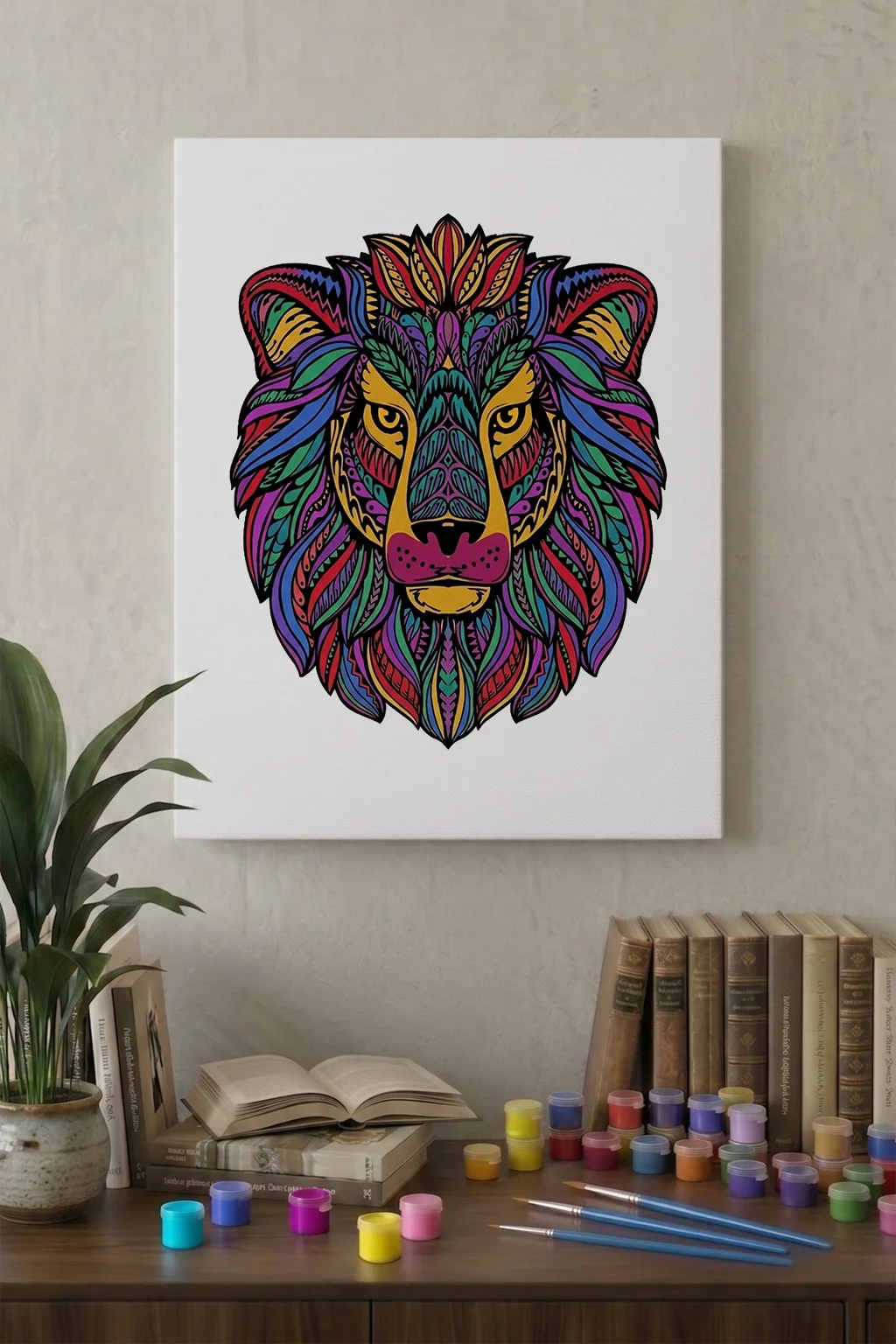 Detaylı aslan mandala deseninde ince fırça kullanımı