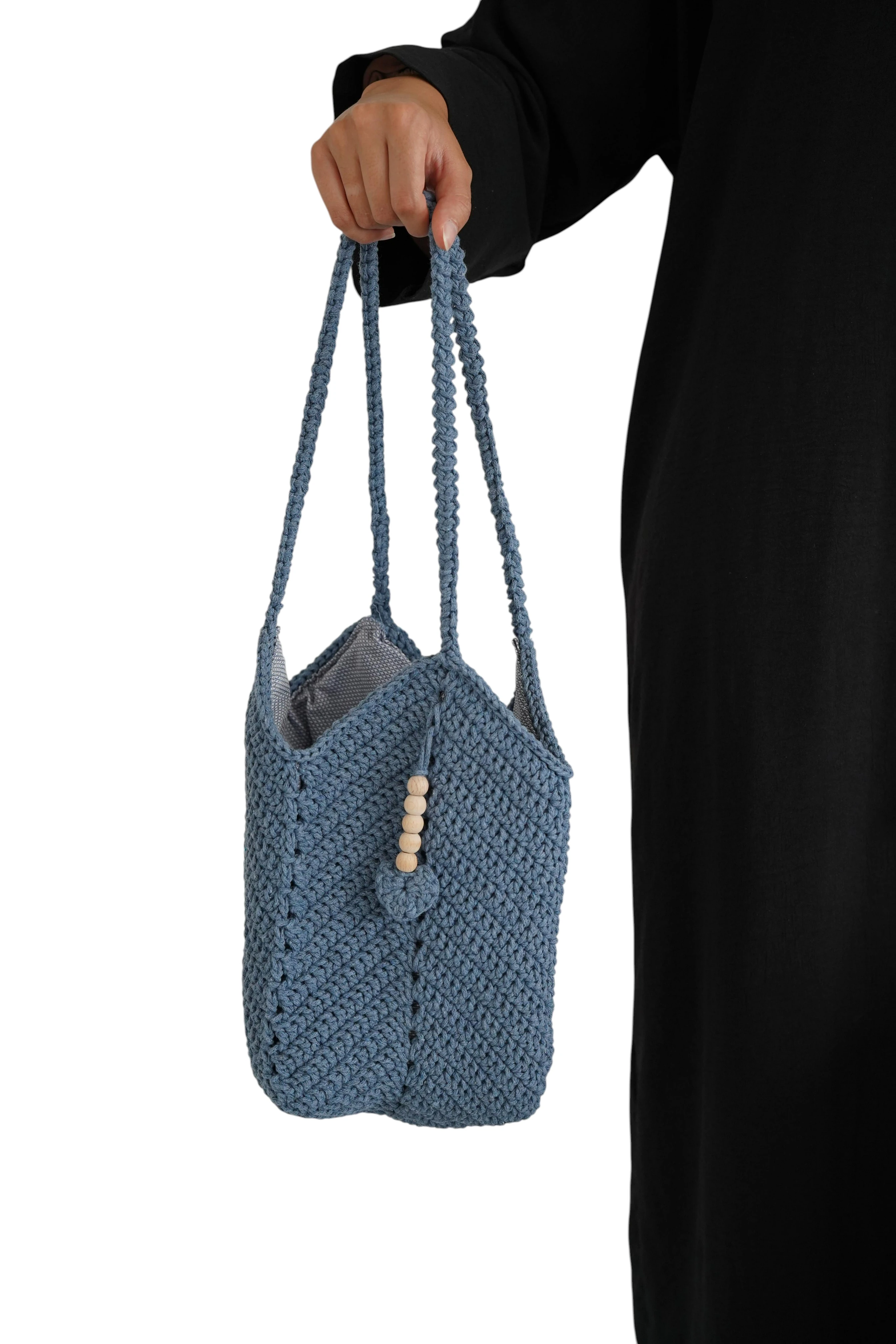 Handgemachte Häkeltasche aus Baumwoll-Makramee-Garn – Mit Innenfutter-Jeansblau   