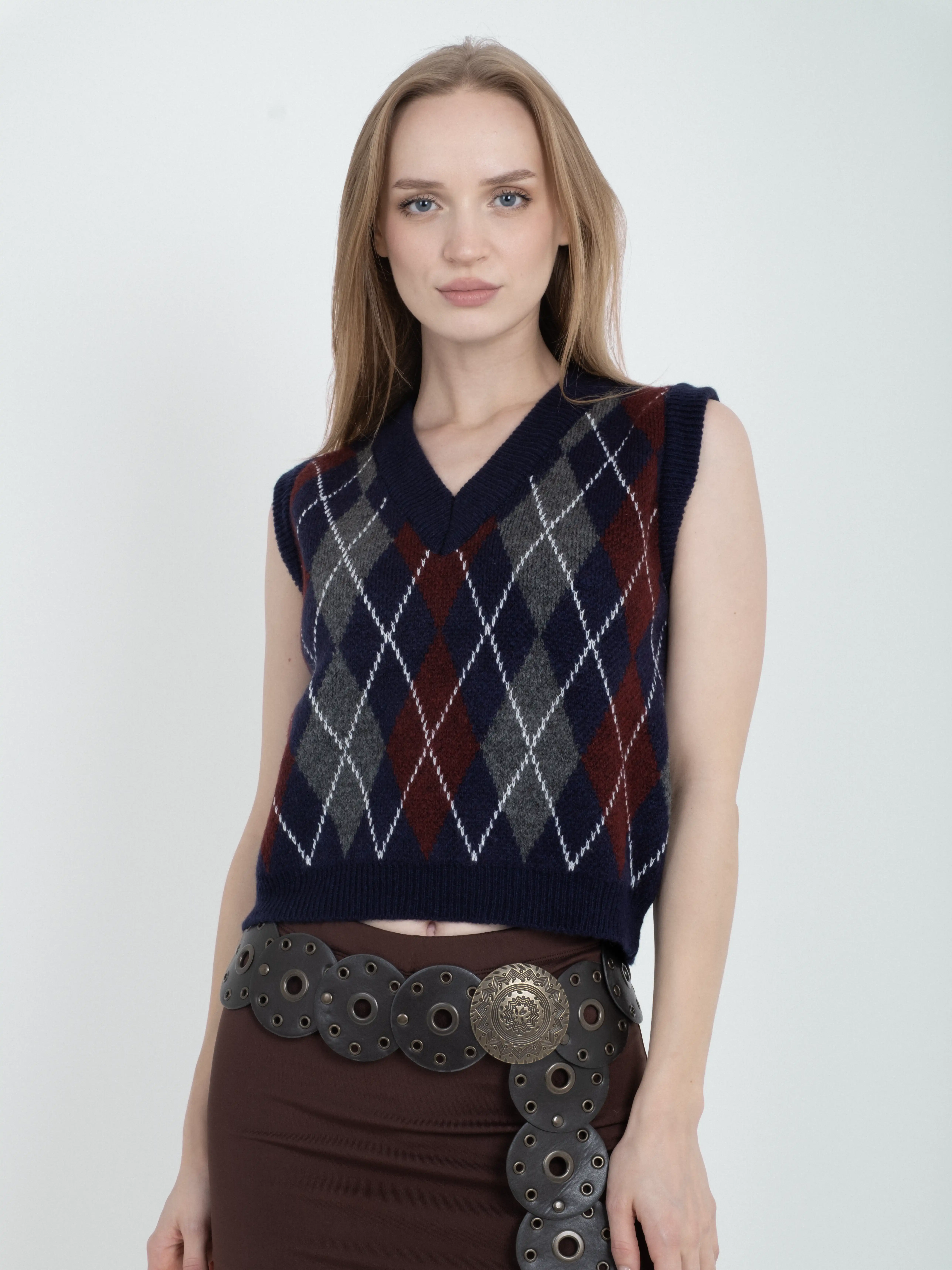 Baklava Desenli Kolsuz Triko Kazak