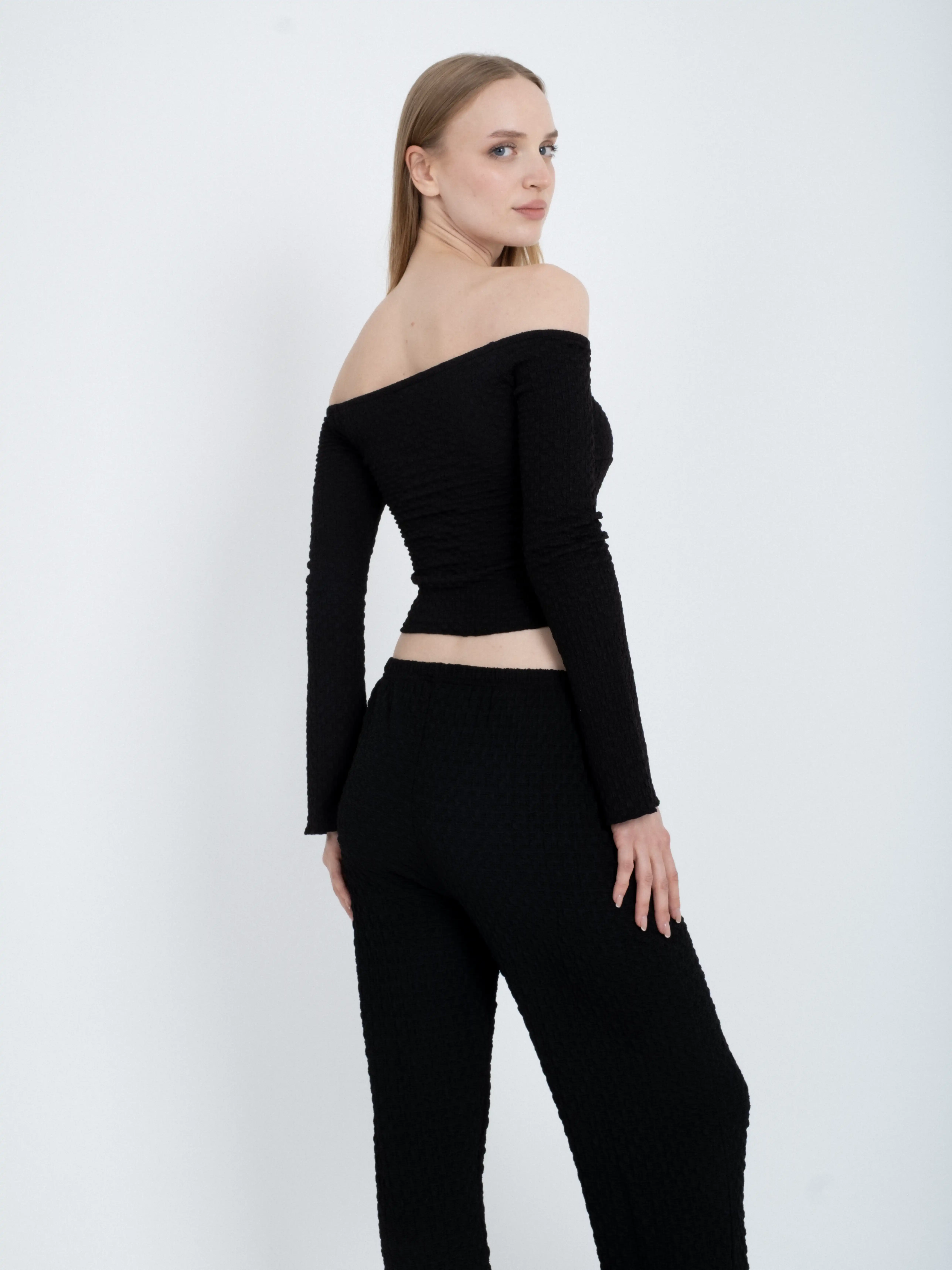 Textured Tie Detail Boat Neck Long Sleeve Body Blouse