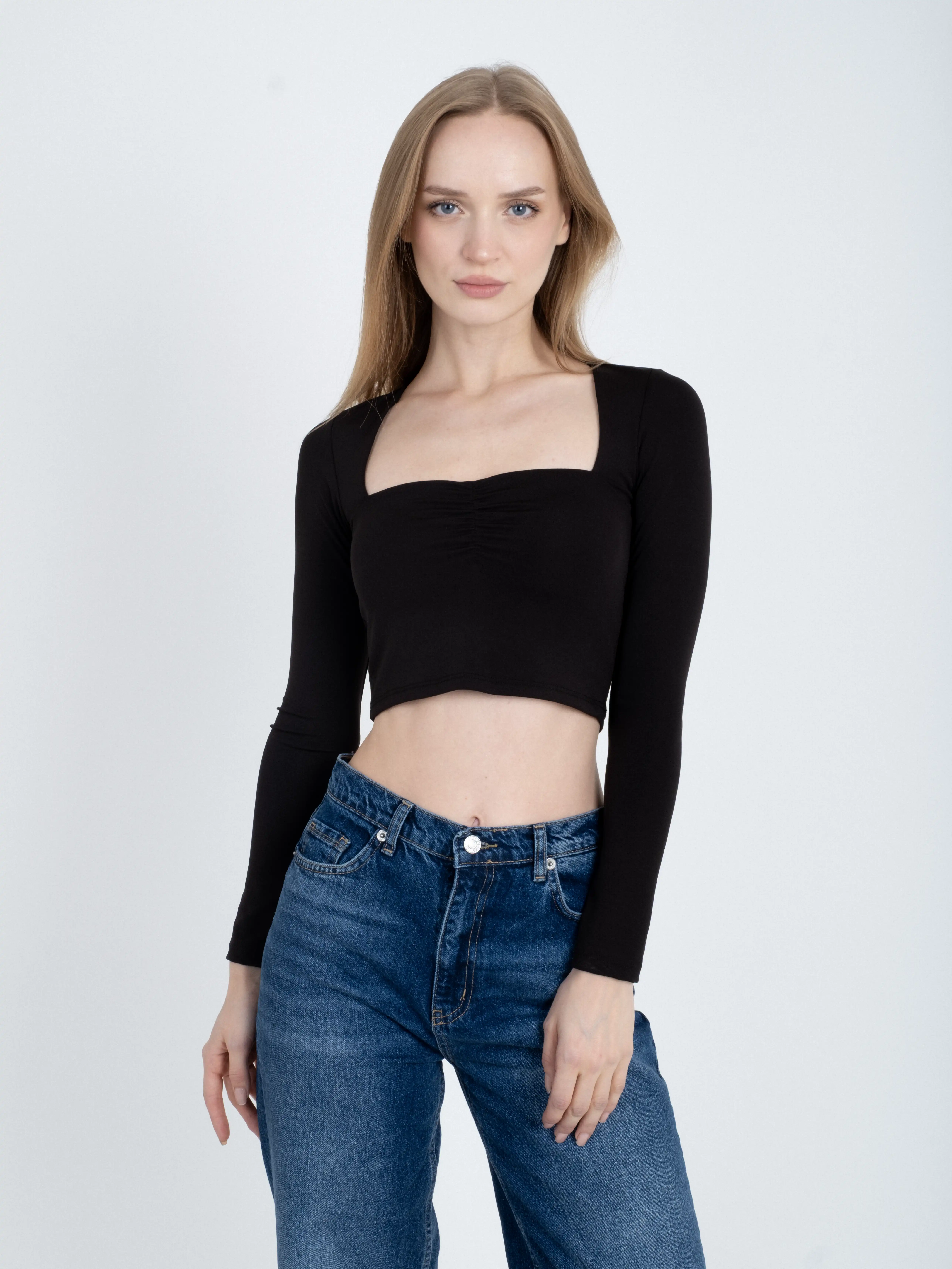 Kare Yaka Büzgülü Crop Top Body