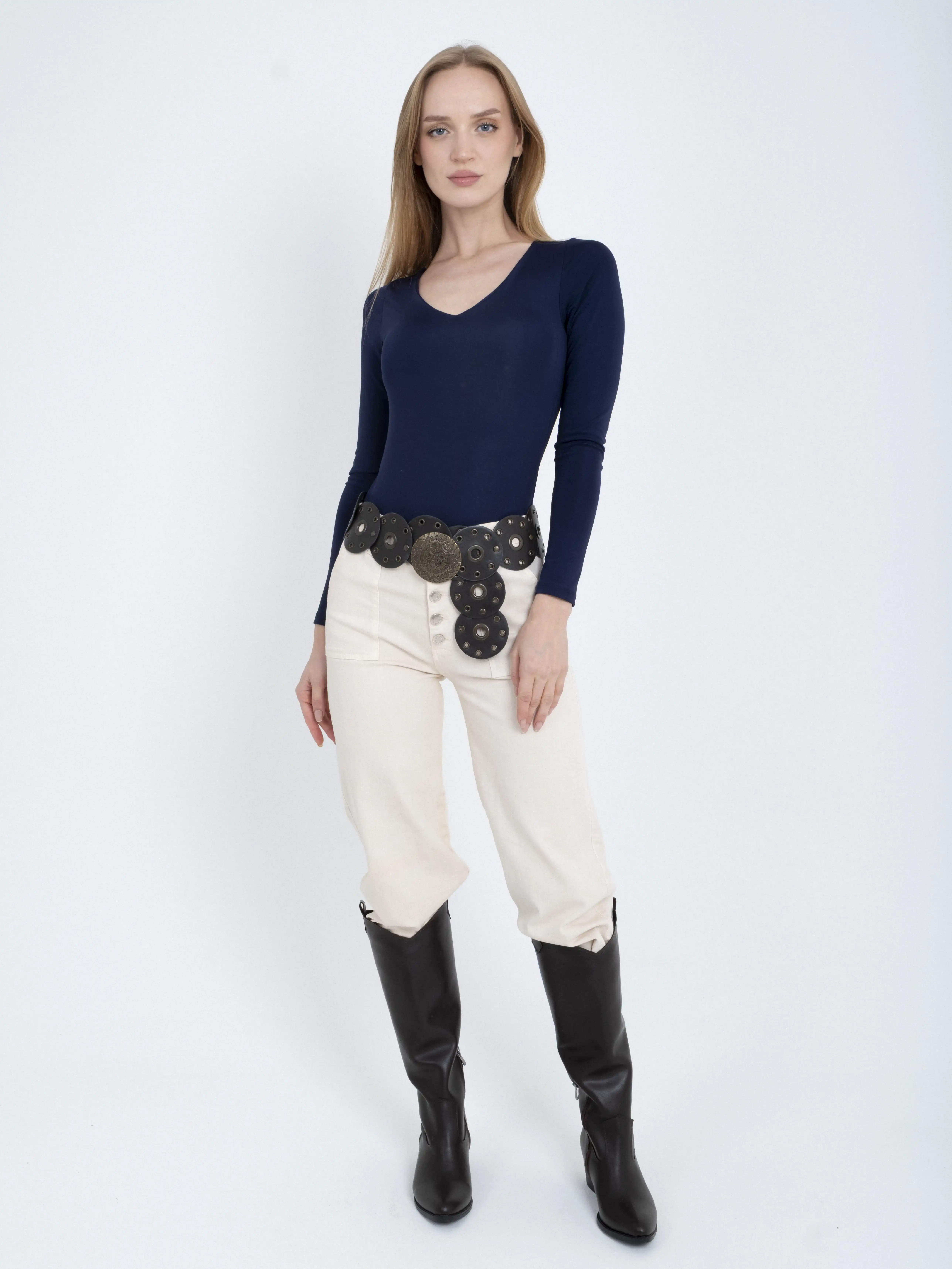 V Yaka Uzun Kollu Bodysuit