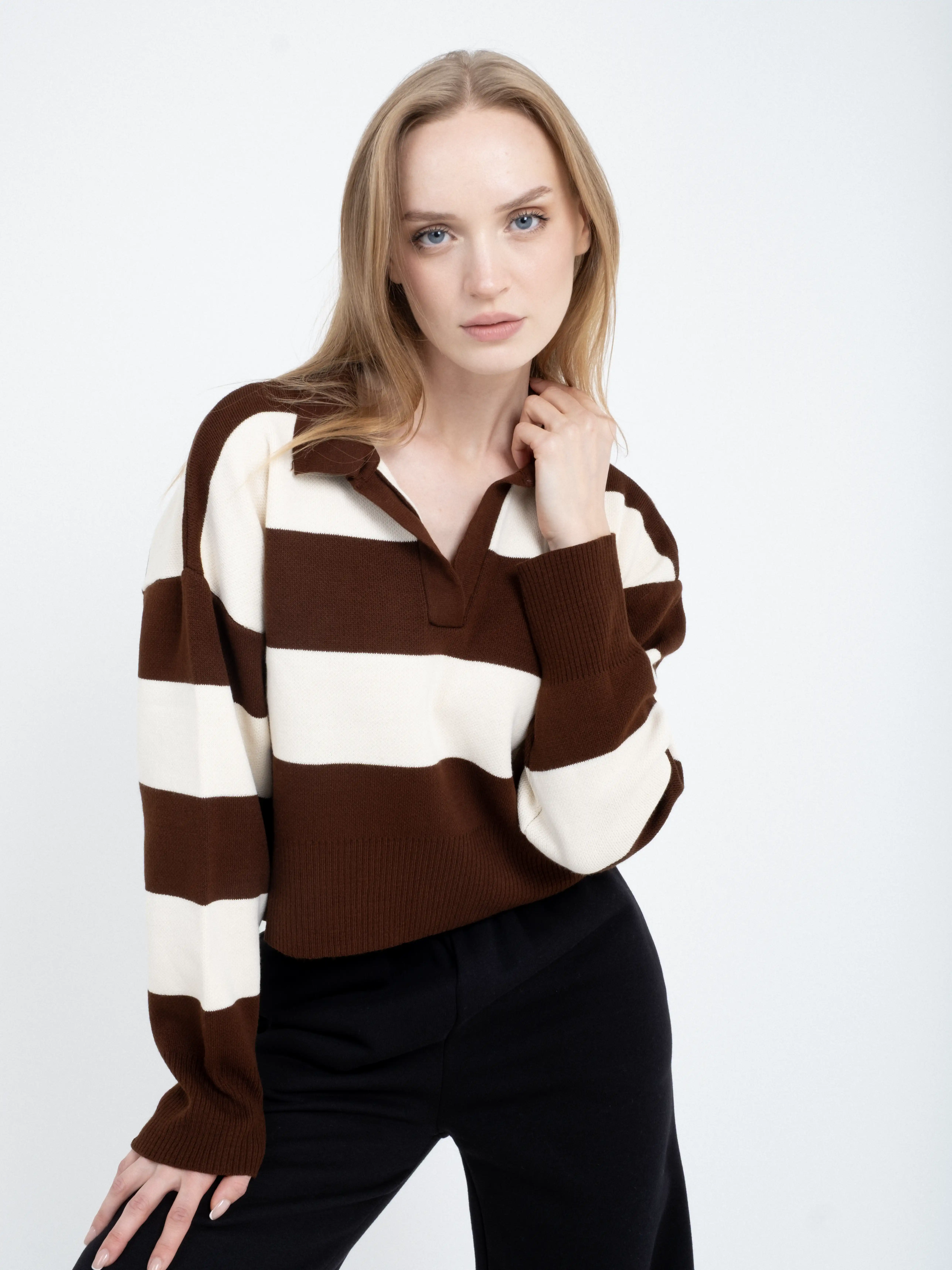 Çizgili Desenli Uzun Kollu Triko Kazak