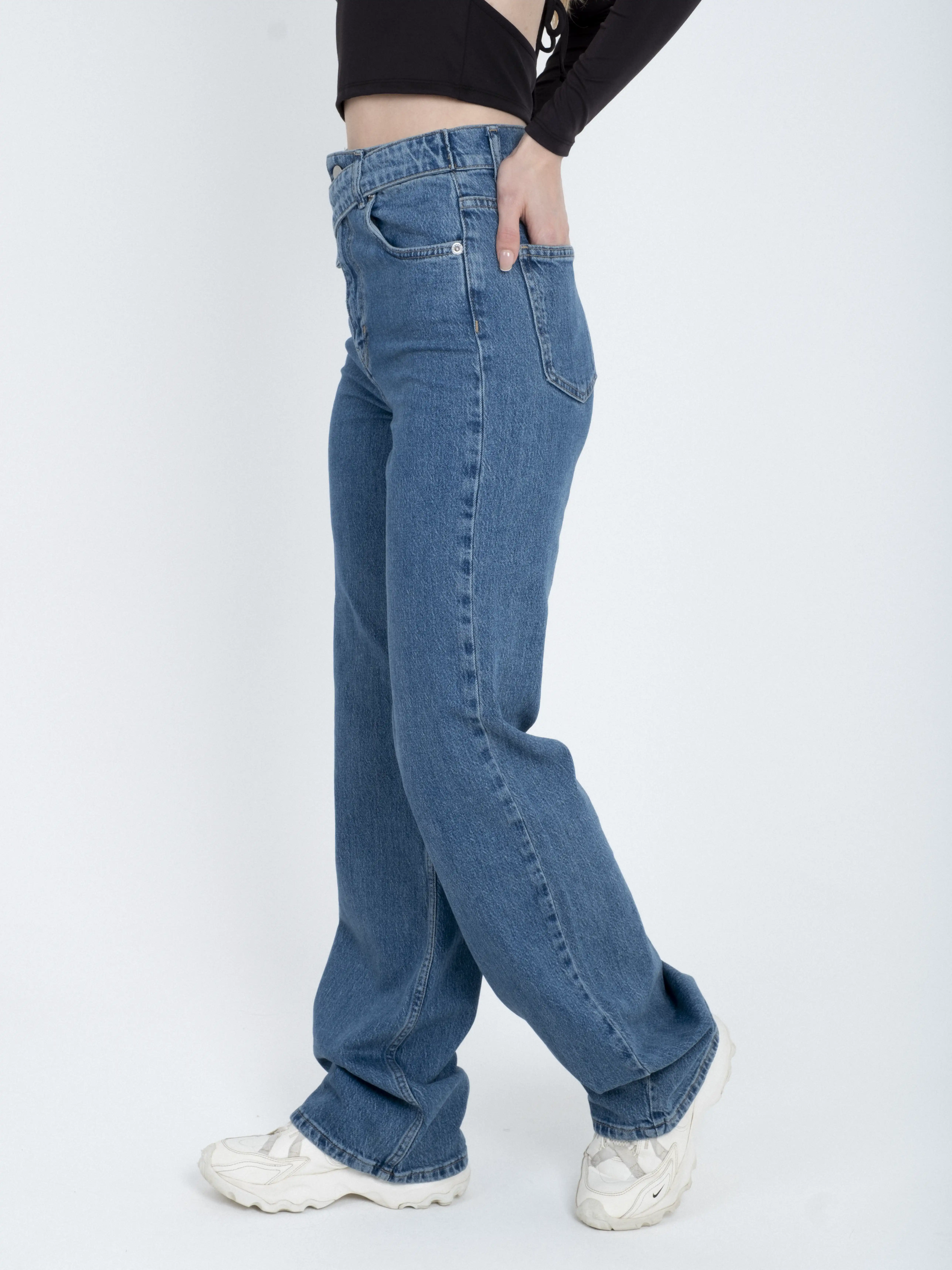 Yüksel Bel Asimetrik Kemer Wide Leg Jean Pantolon