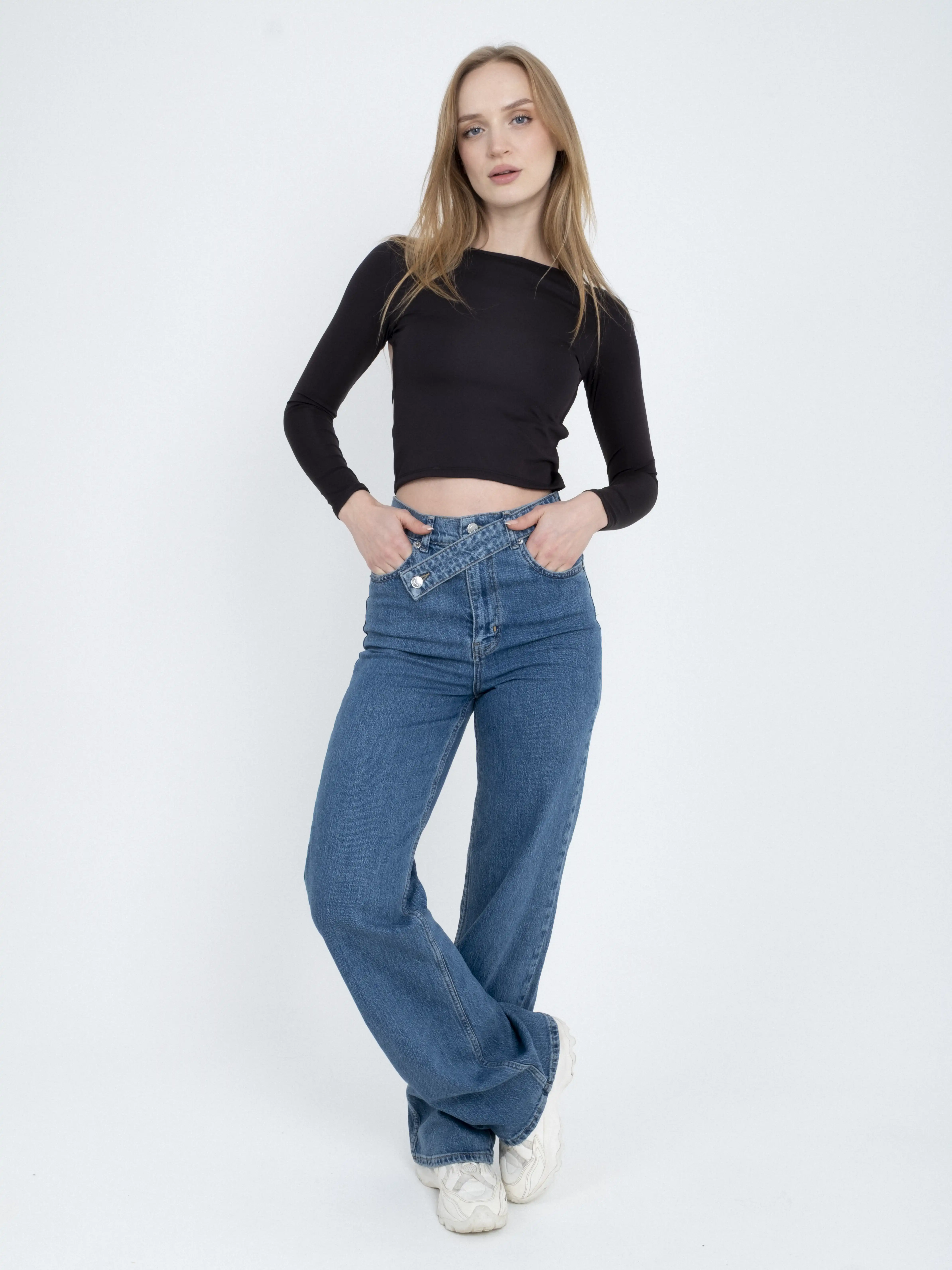 Yüksel Bel Asimetrik Kemer Wide Leg Jean Pantolon