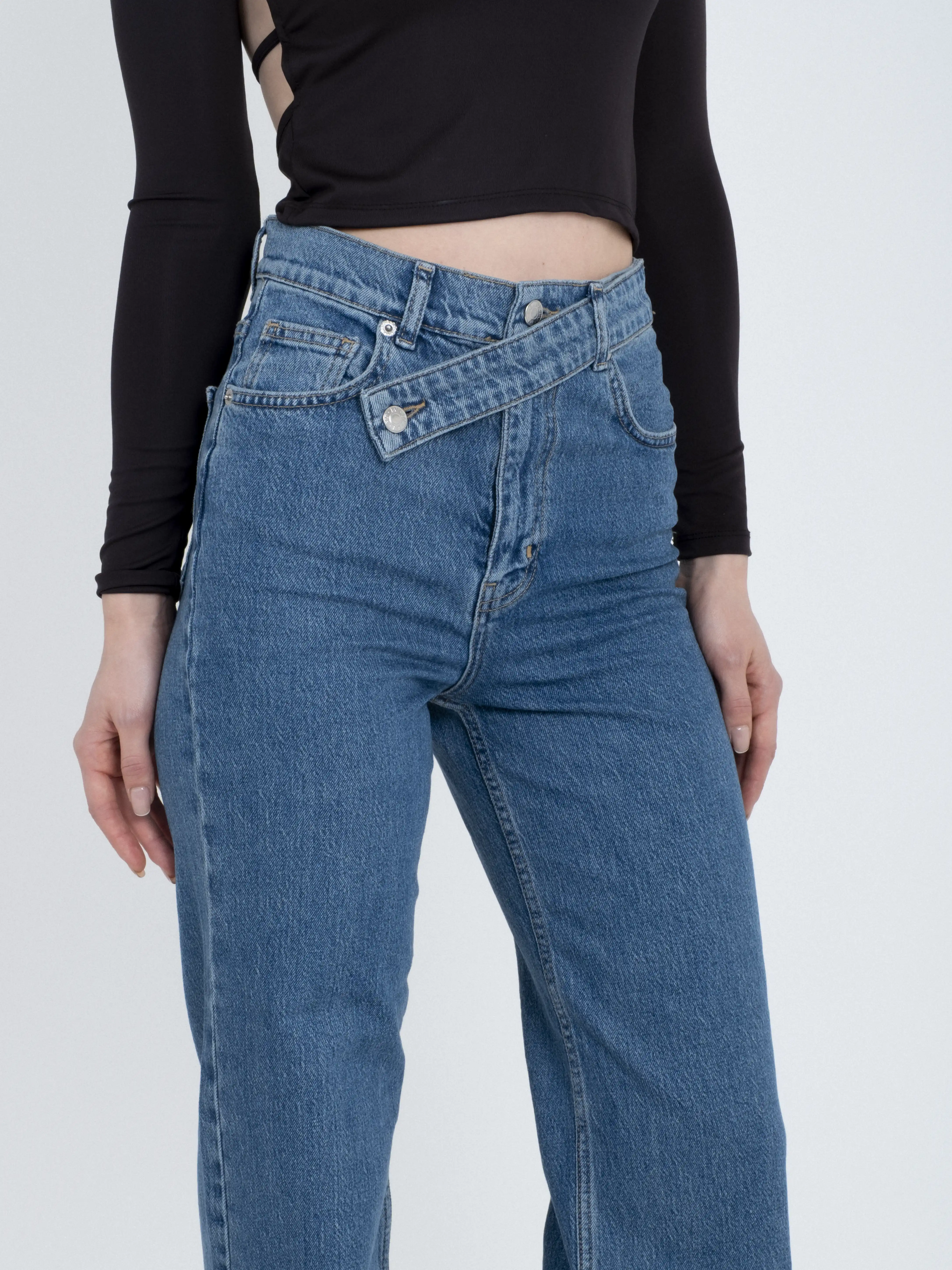 Yüksel Bel Asimetrik Kemer Wide Leg Jean Pantolon