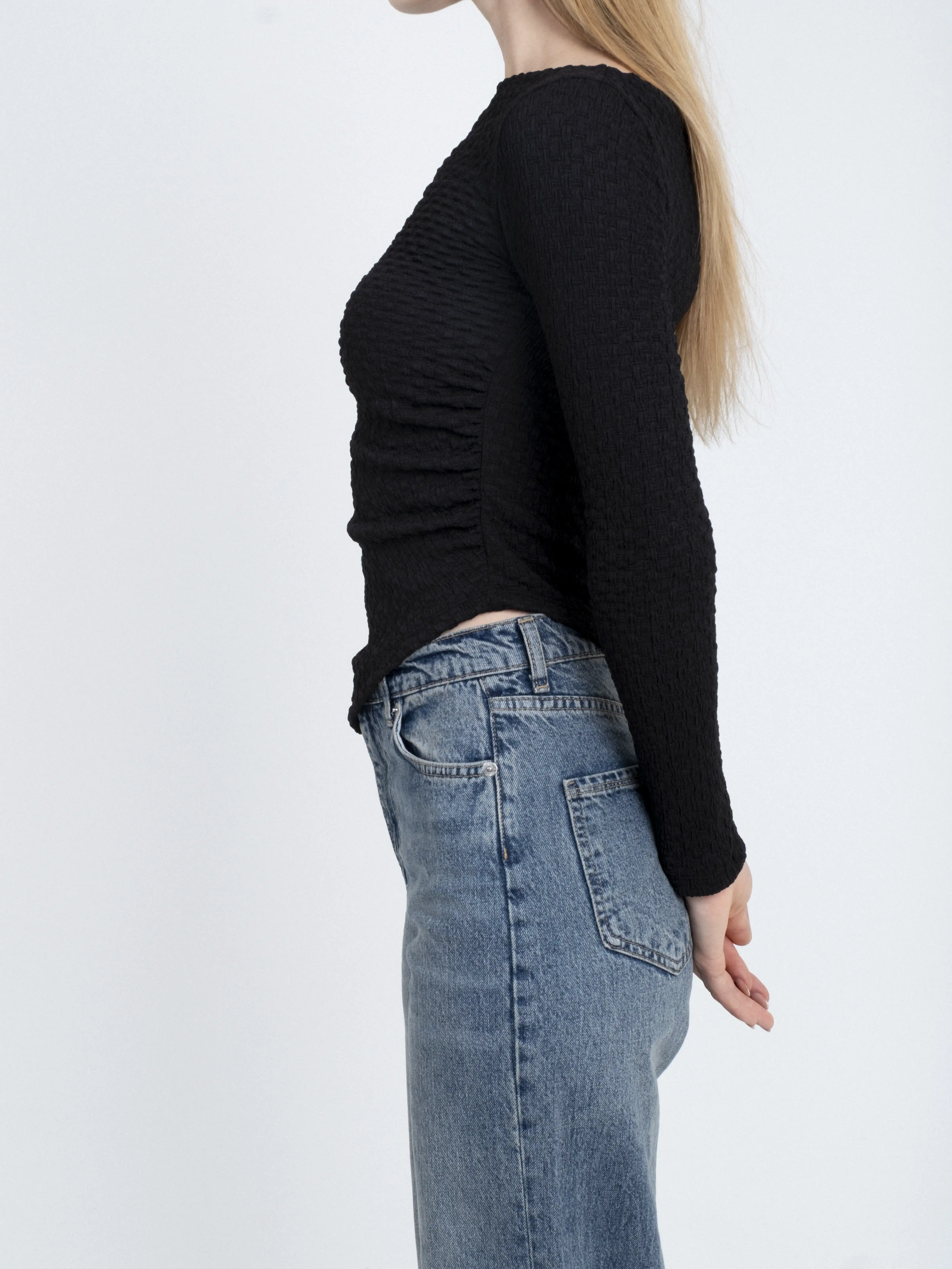 Dokulu Kumaş Asimetrik Uzun Kollu Body Bluz