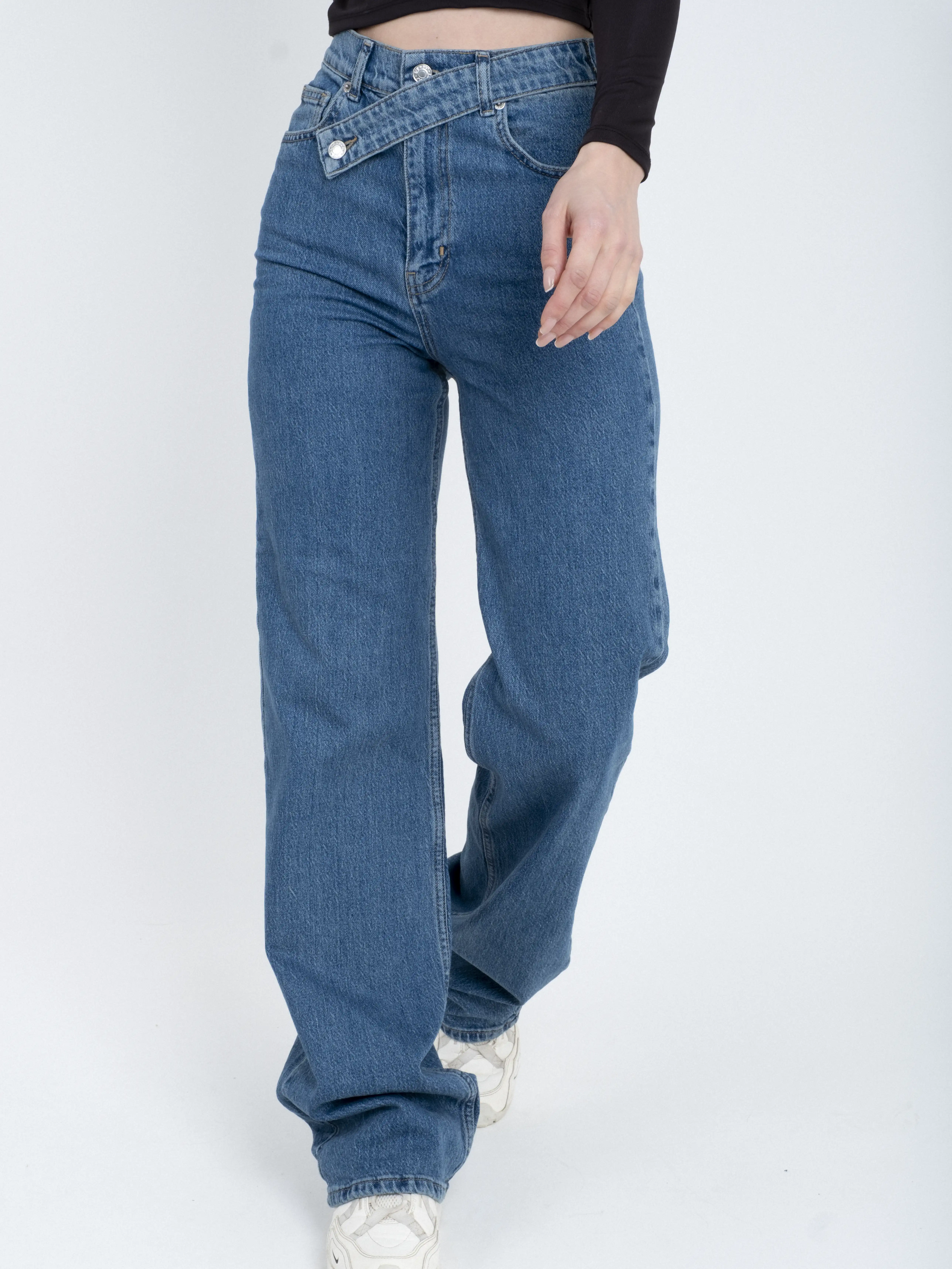 Yüksel Bel Asimetrik Kemer Wide Leg Jean Pantolon