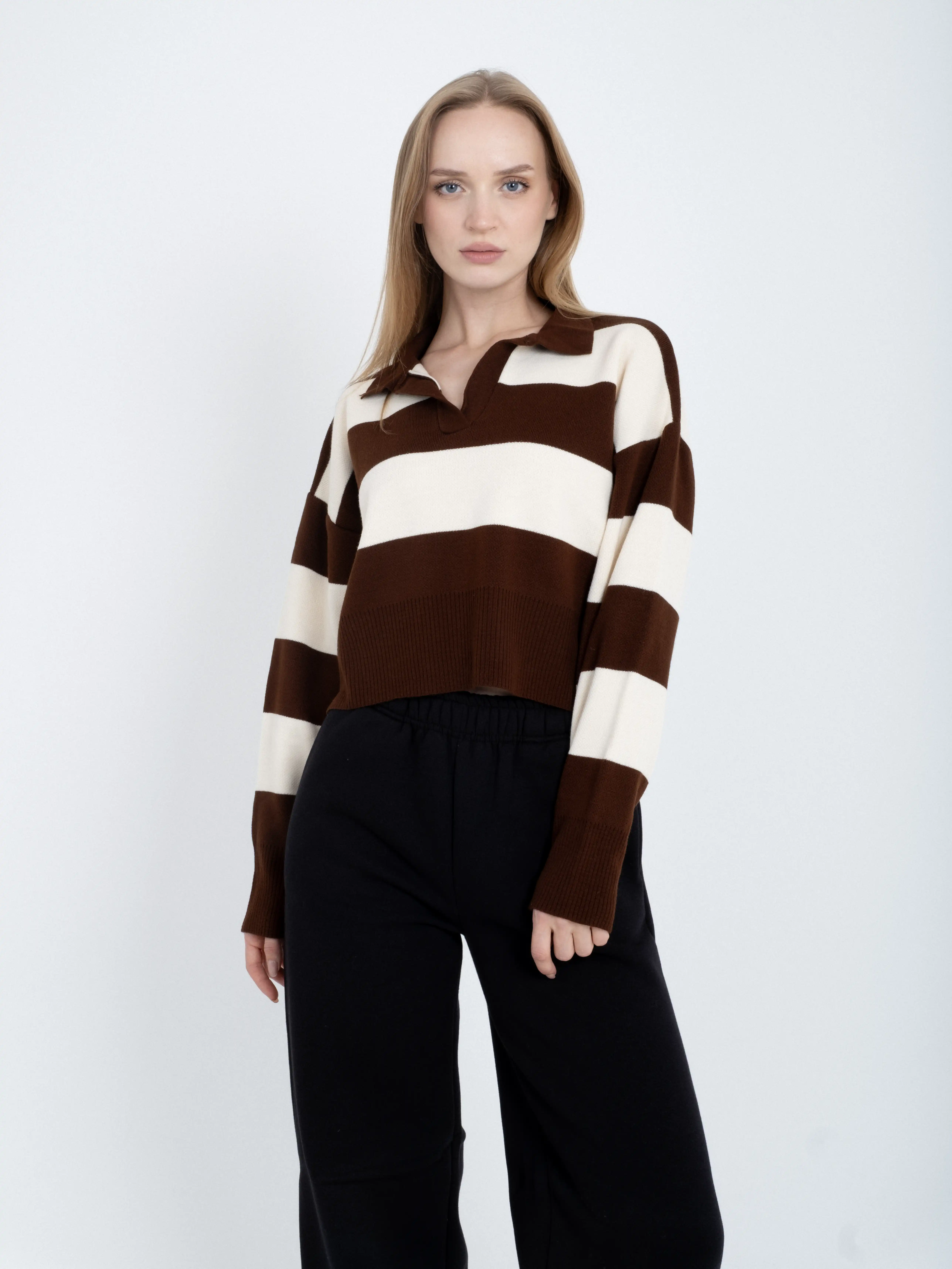 Çizgili Desenli Uzun Kollu Triko Kazak