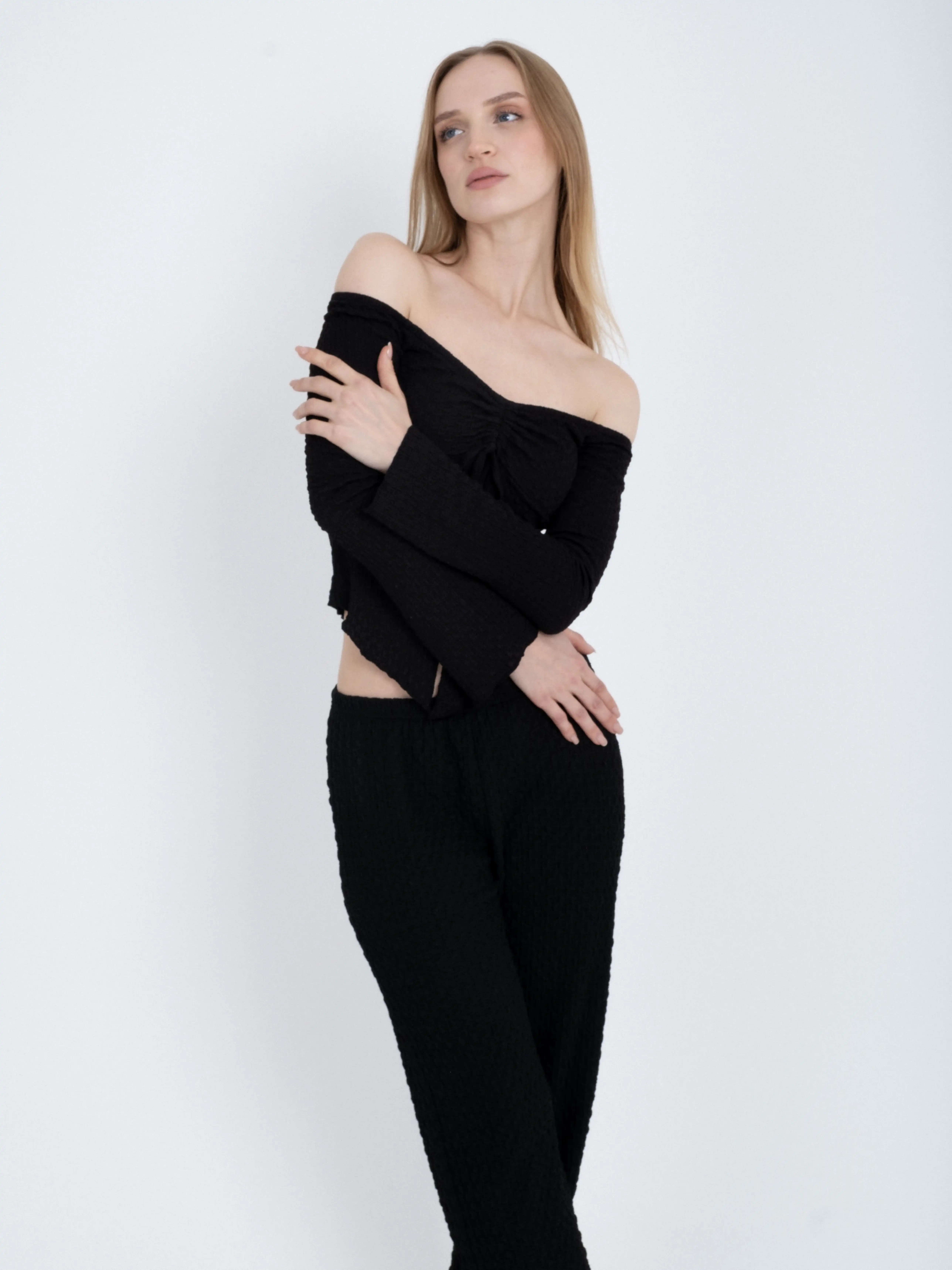 Textured Tie Detail Boat Neck Long Sleeve Body Blouse