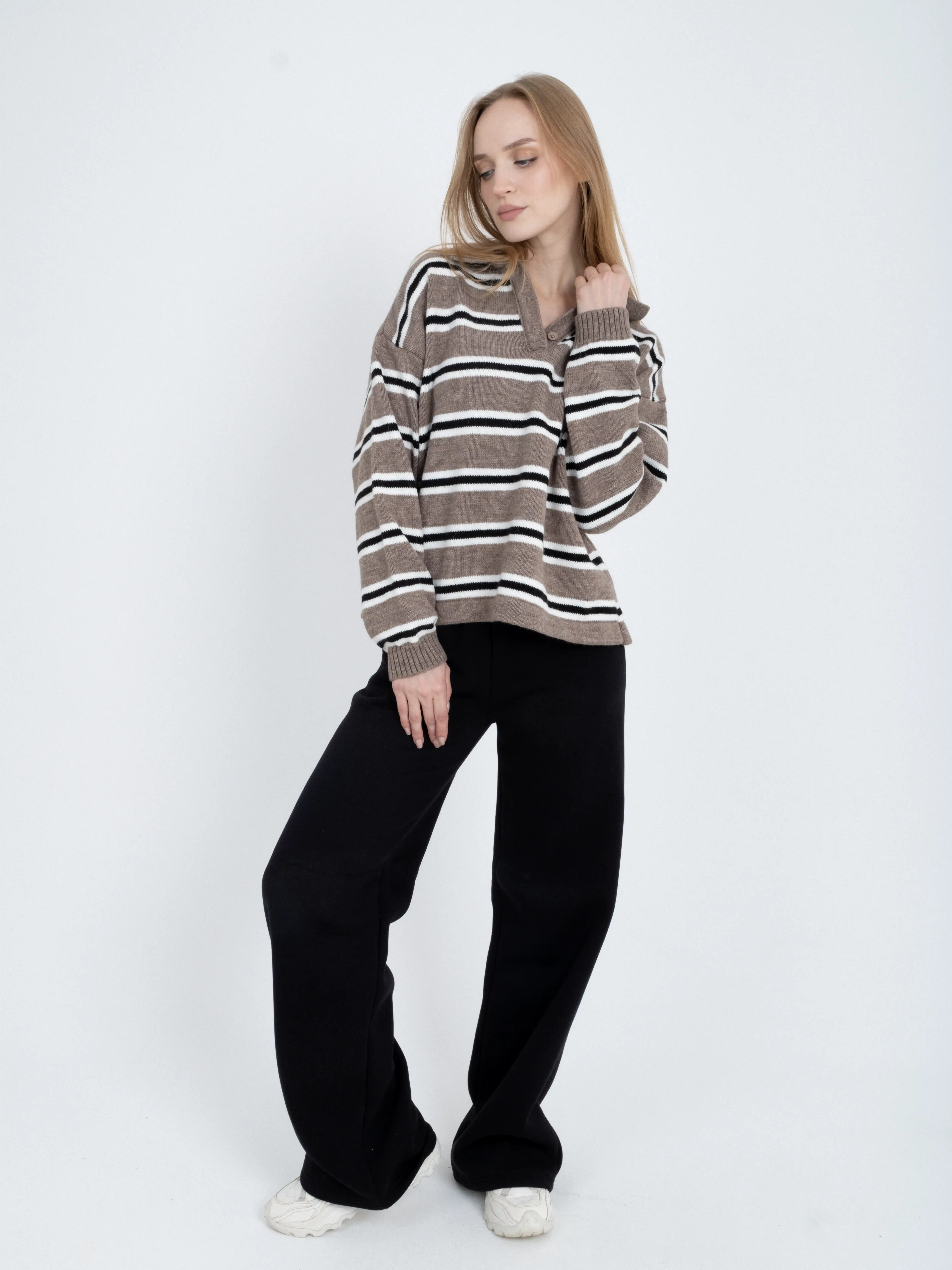 Çizgili Düğmeli Polo Yaka Triko Kazak