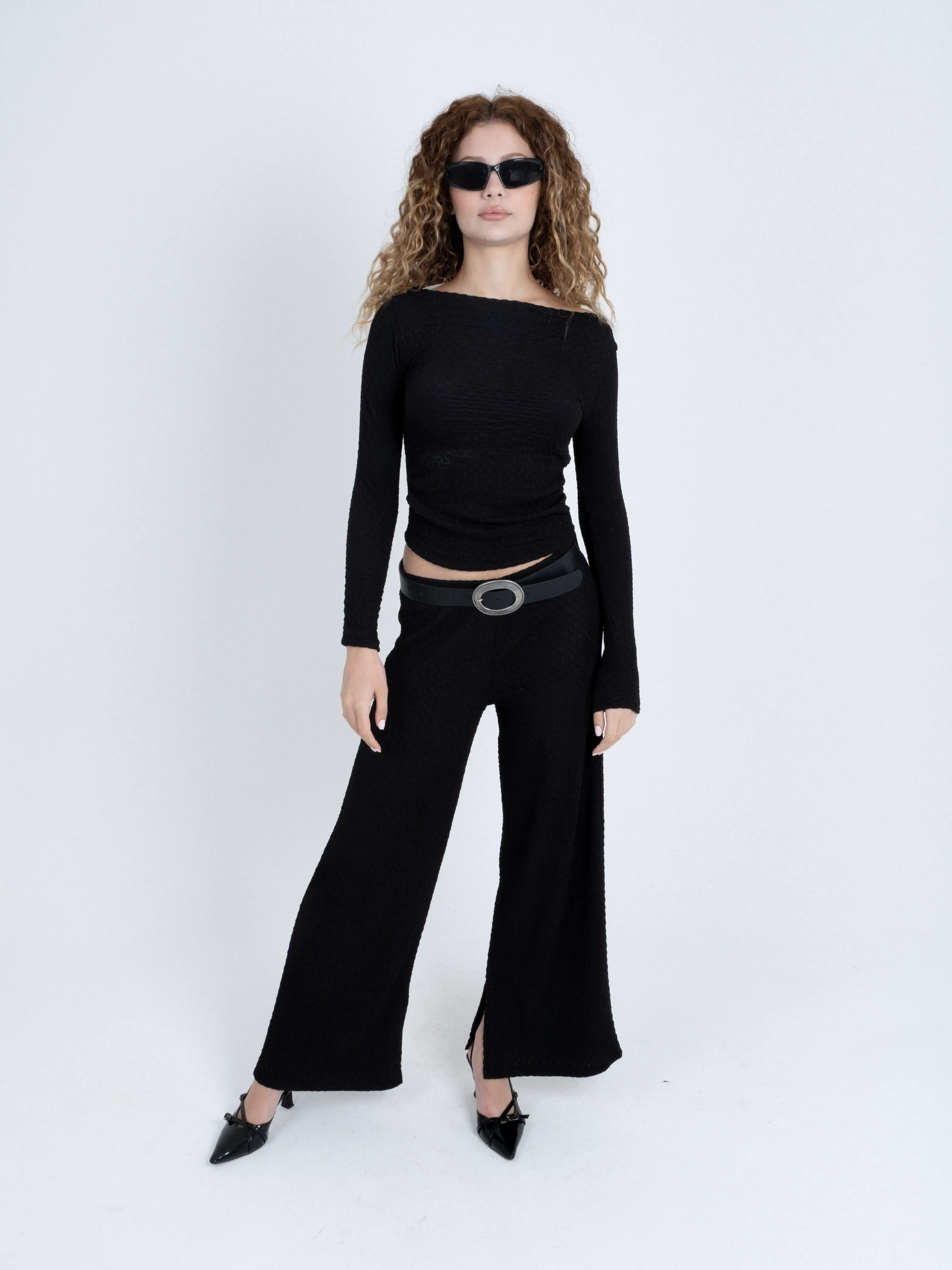 Kayık Yaka Büzgülü Uzun Kollu Body