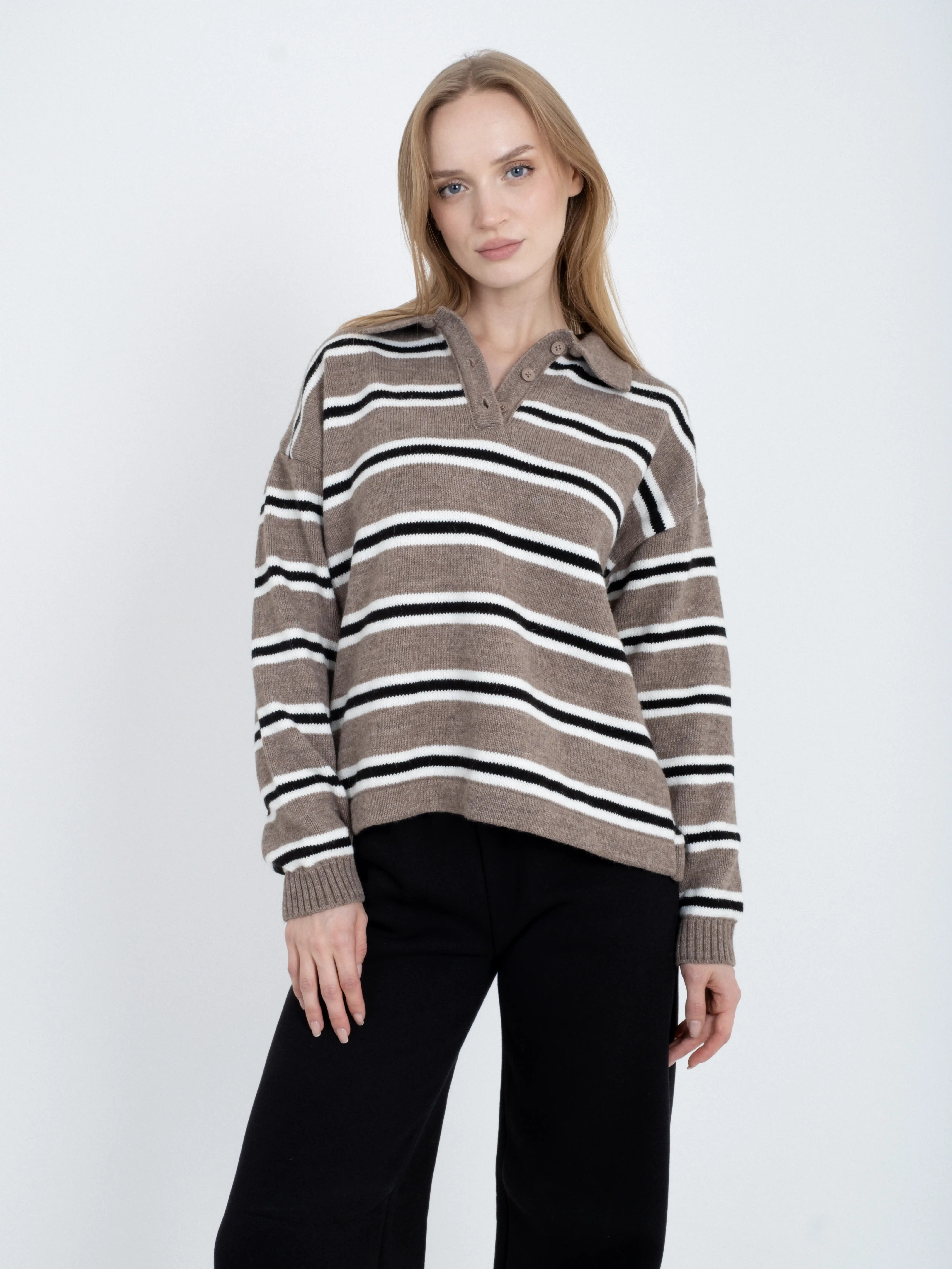 Çizgili Düğmeli Polo Yaka Triko Kazak