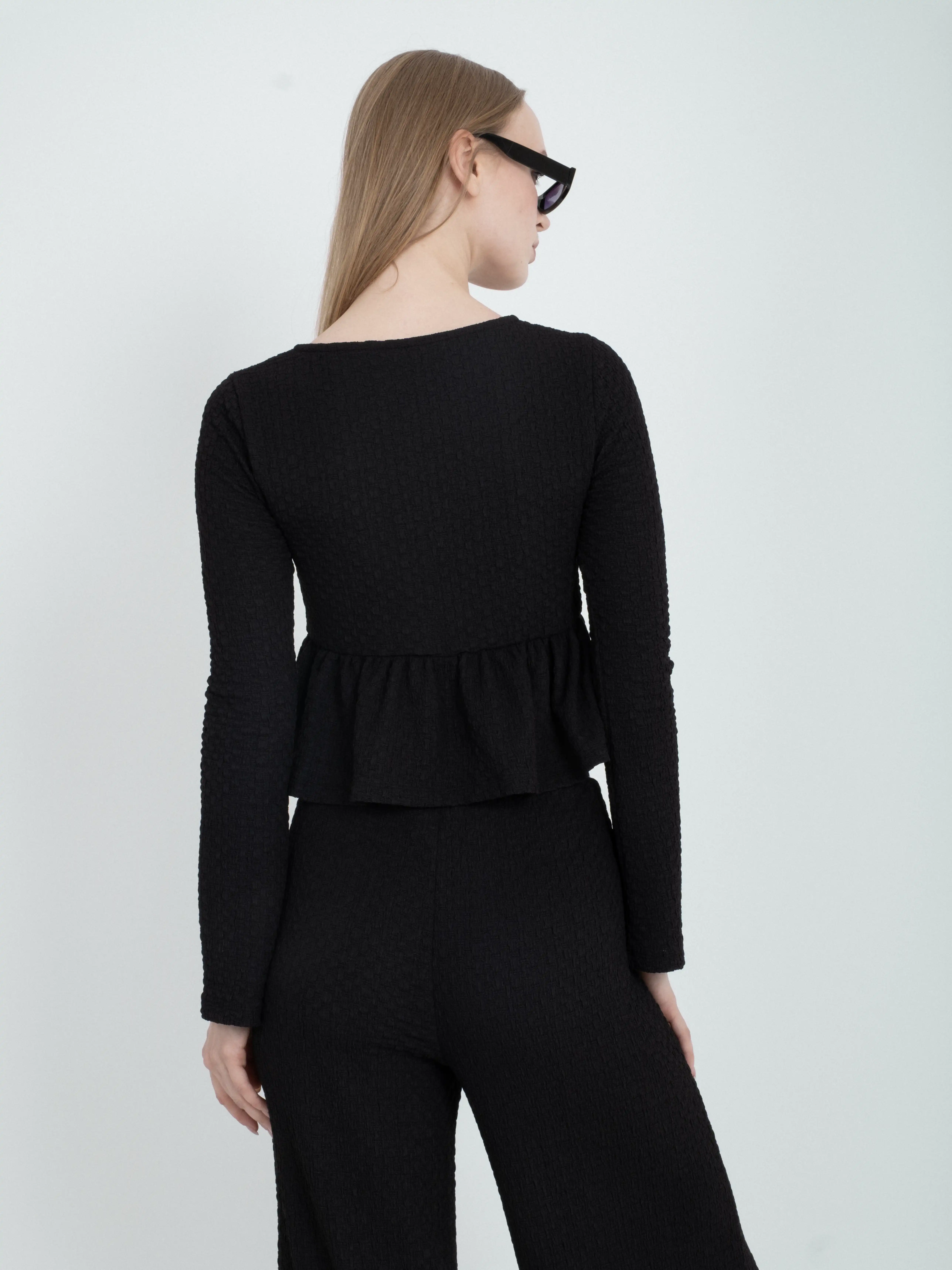 Textured Tie Detail V-Neck Long Sleeve Body Blouse