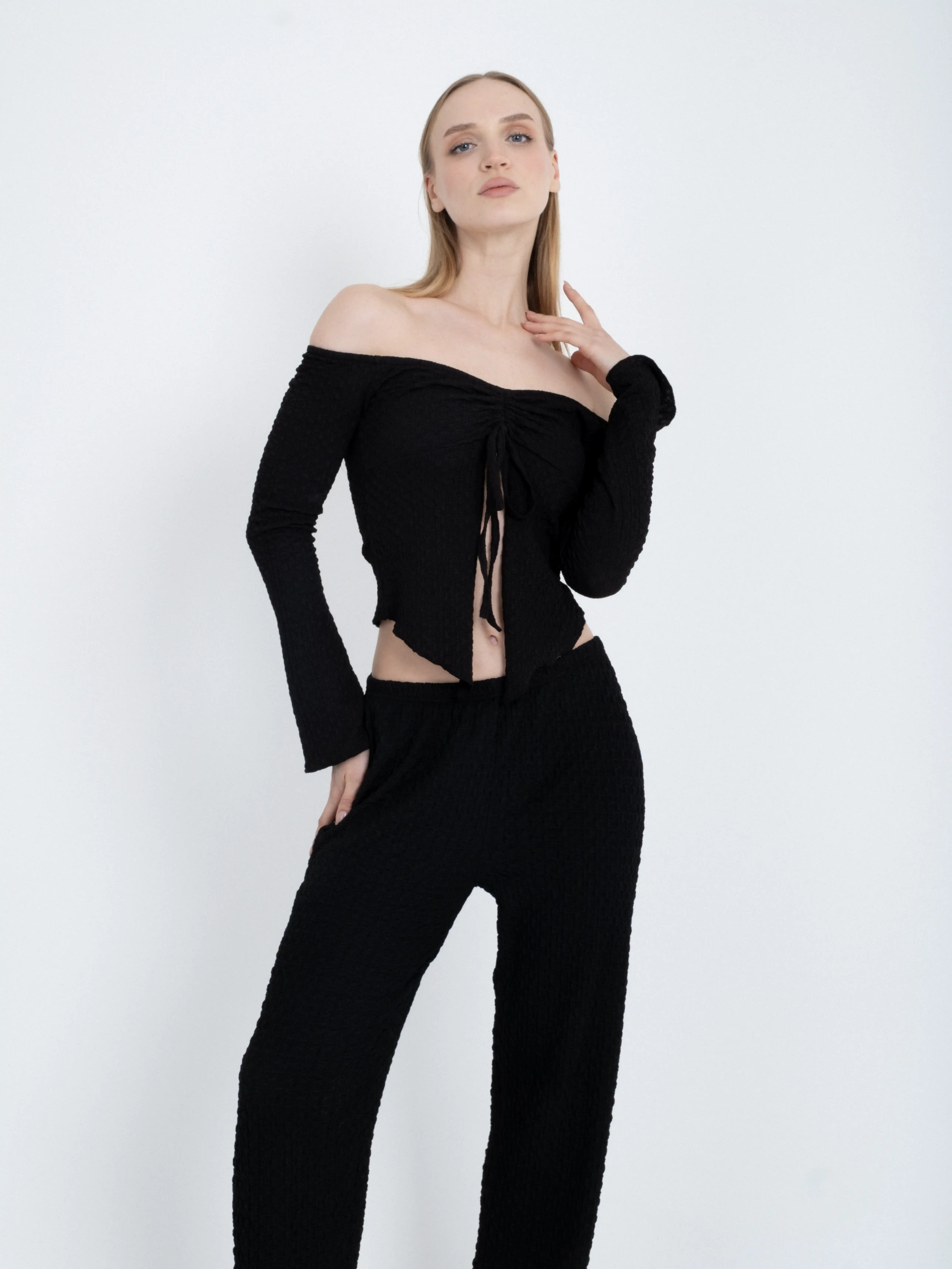 Textured Tie Detail Boat Neck Long Sleeve Body Blouse