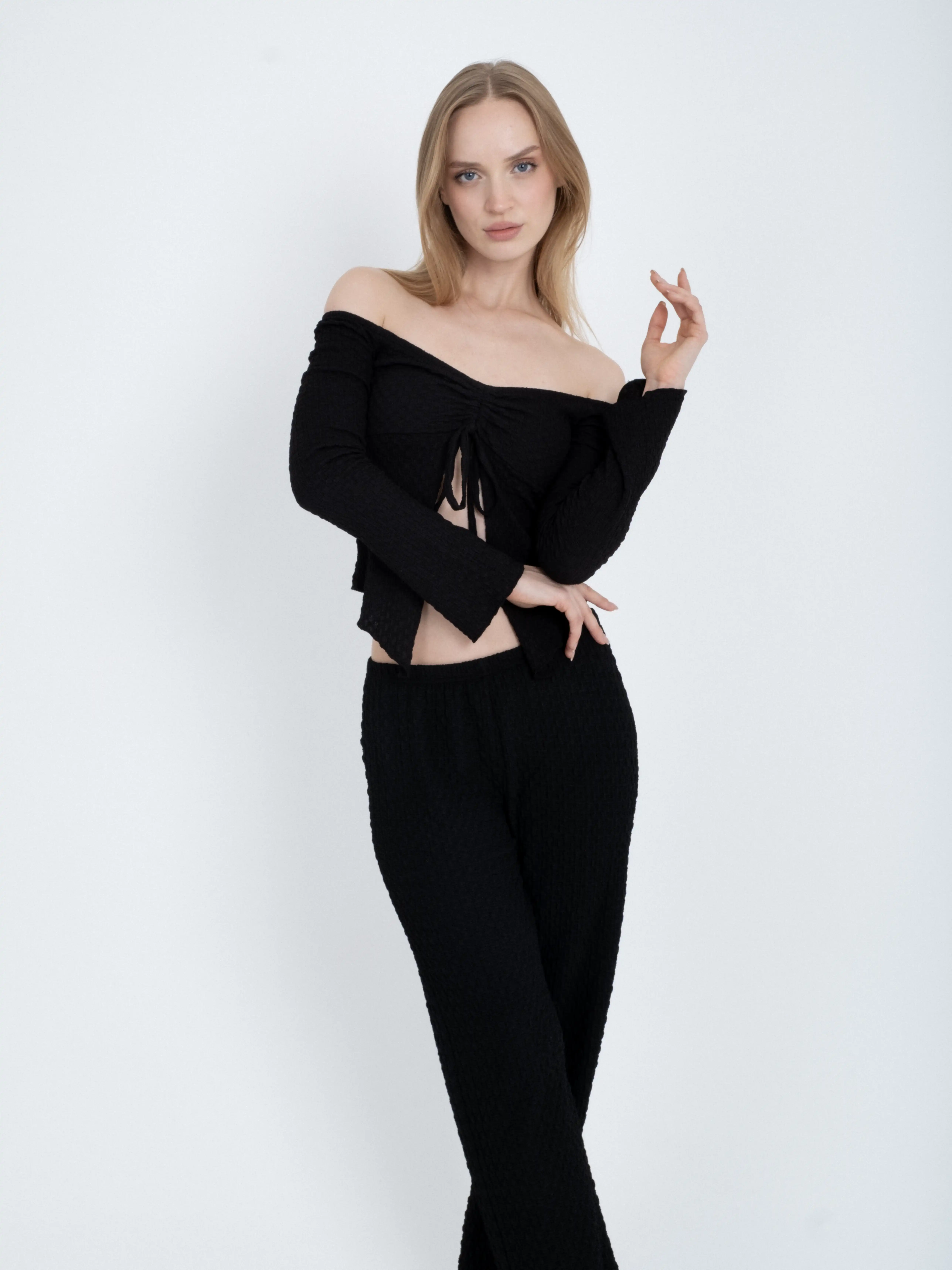 Textured Tie Detail Boat Neck Long Sleeve Body Blouse