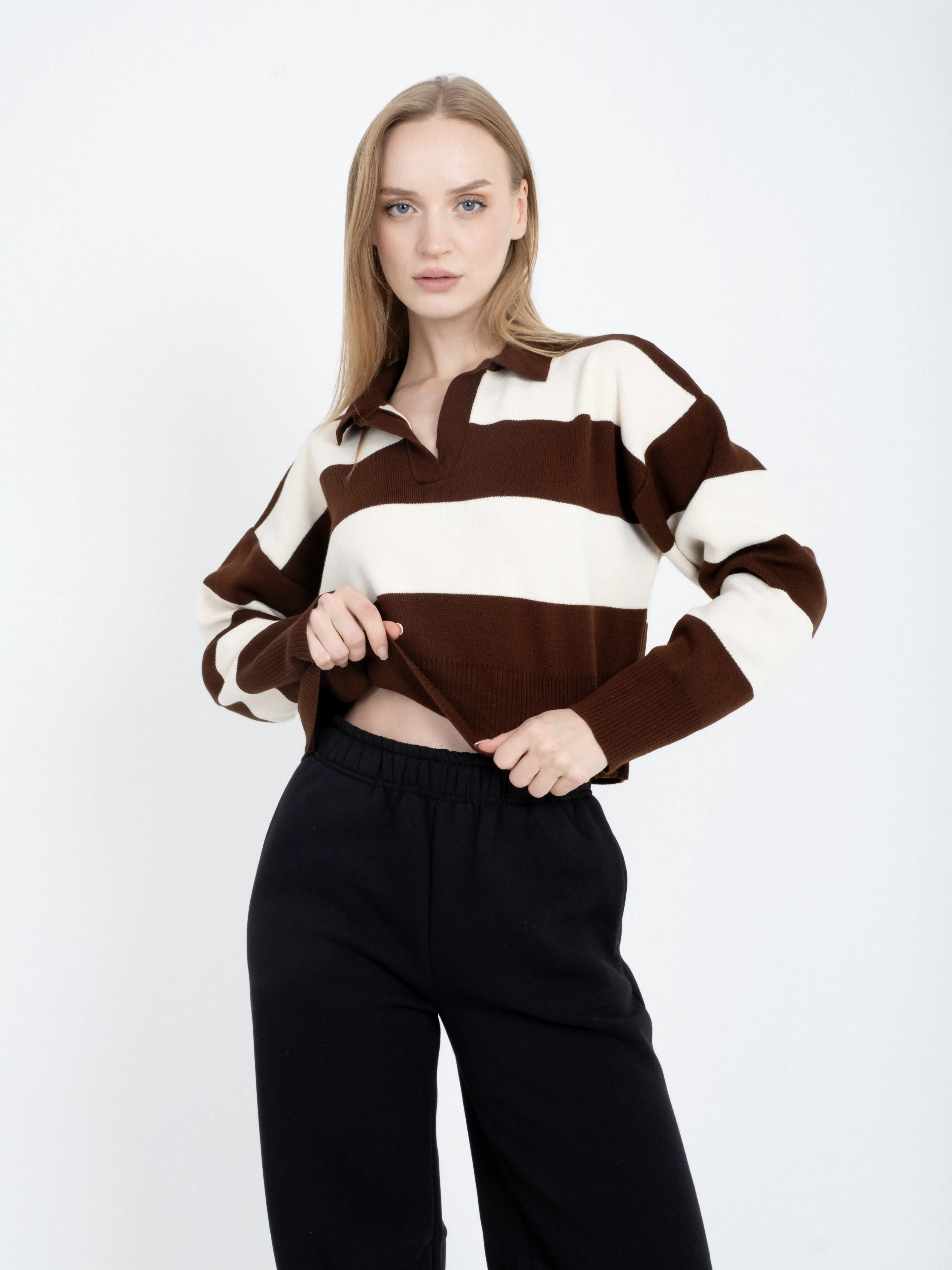 Çizgili Desenli Uzun Kollu Triko Kazak