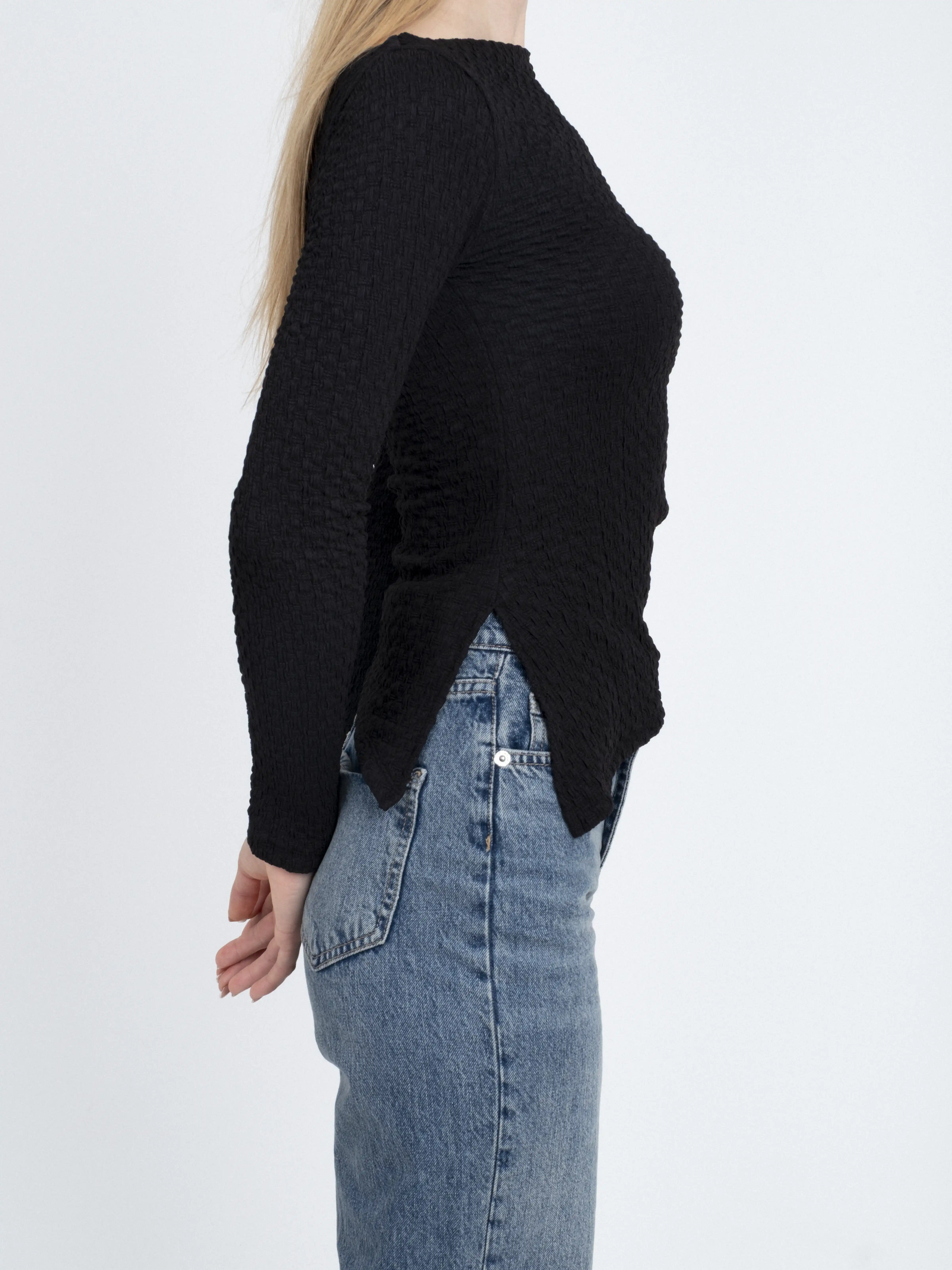 Dokulu Kumaş Asimetrik Uzun Kollu Body Bluz