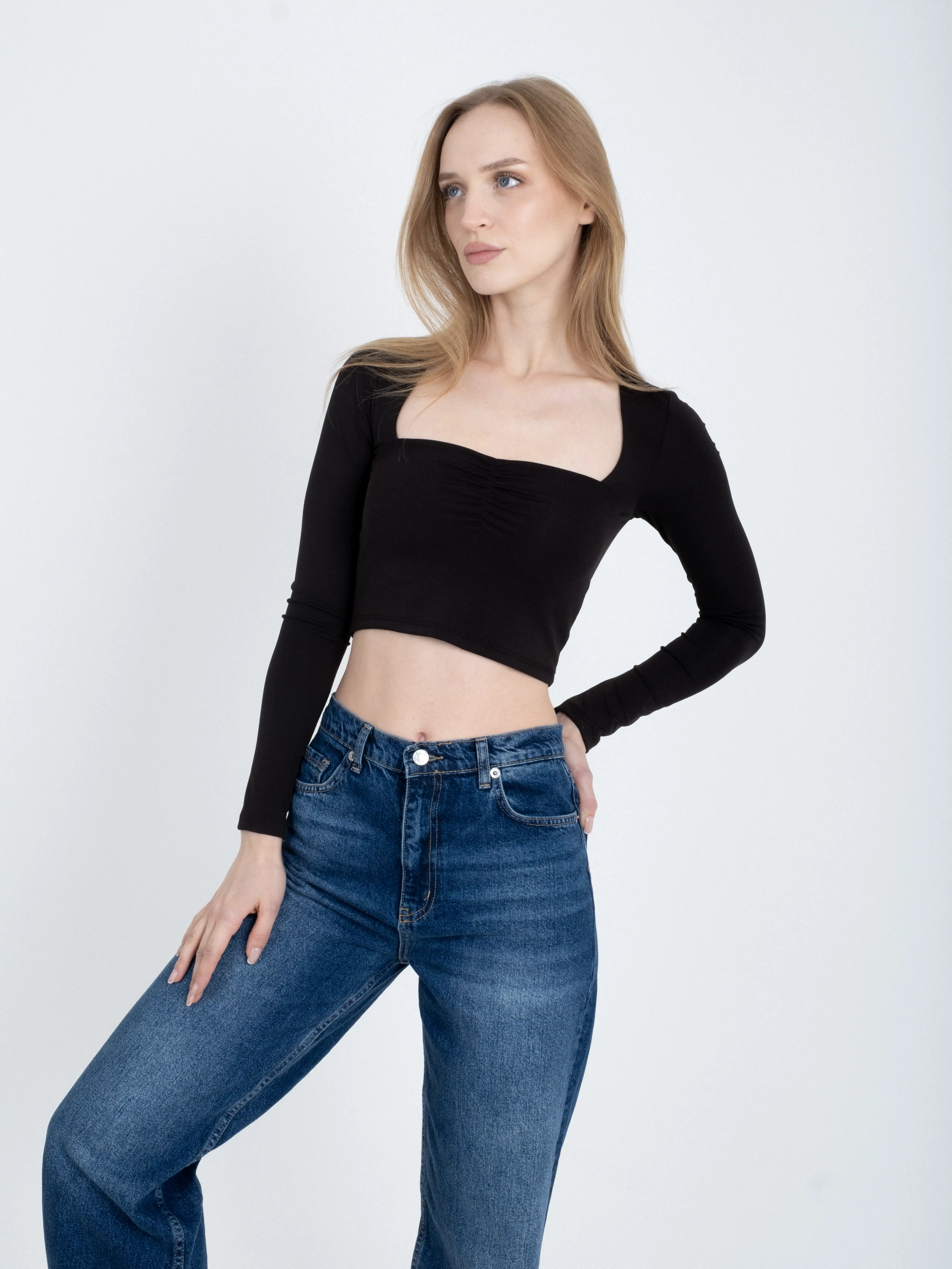 Kare Yaka Büzgülü Crop Top Body