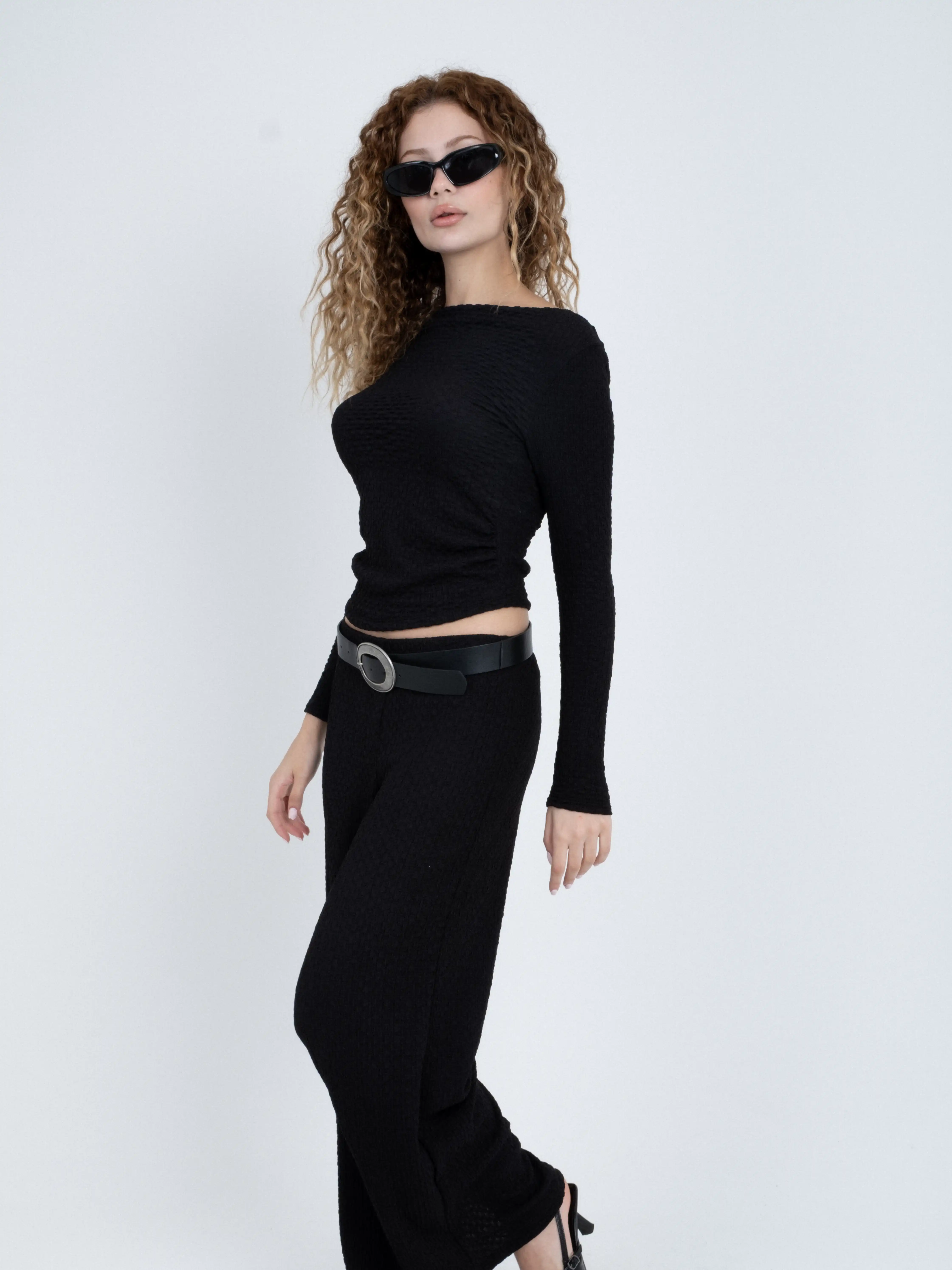 Kayık Yaka Büzgülü Uzun Kollu Body