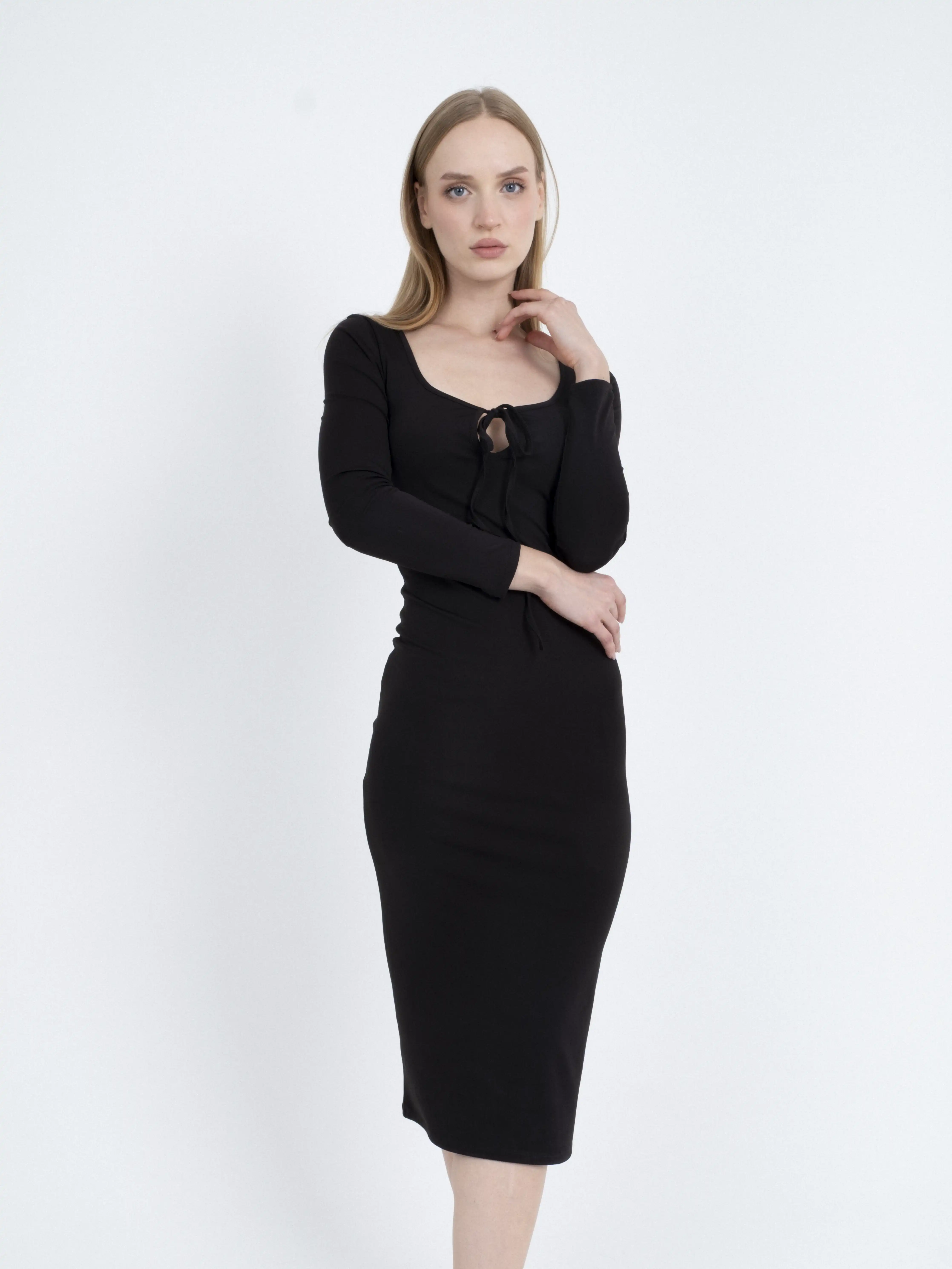 Bağlamalı U Yaka  Uzun Kollu  Maksi Elbise