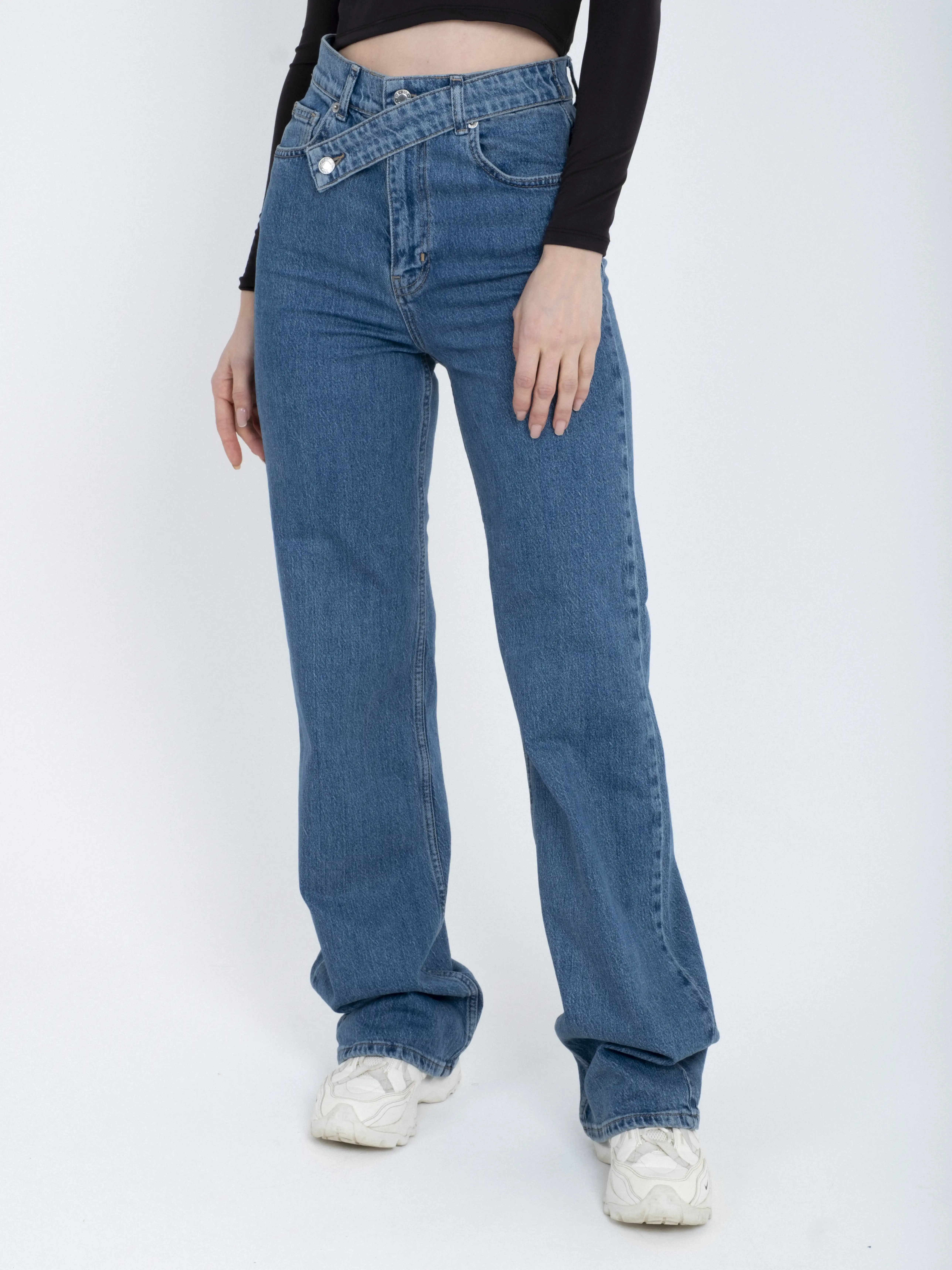 Yüksel Bel Asimetrik Kemer Wide Leg Jean Pantolon