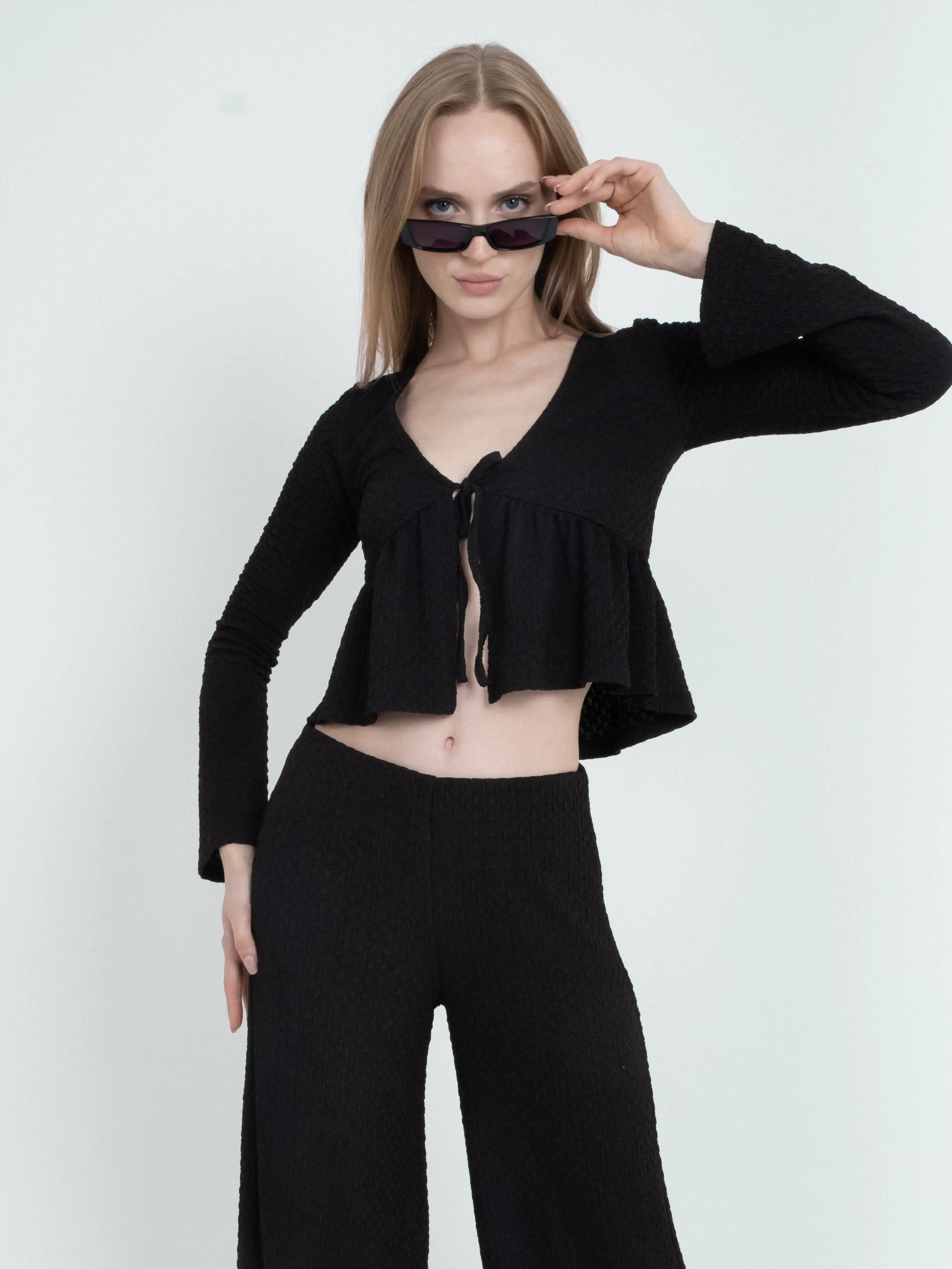 Textured Tie Detail V-Neck Long Sleeve Body Blouse