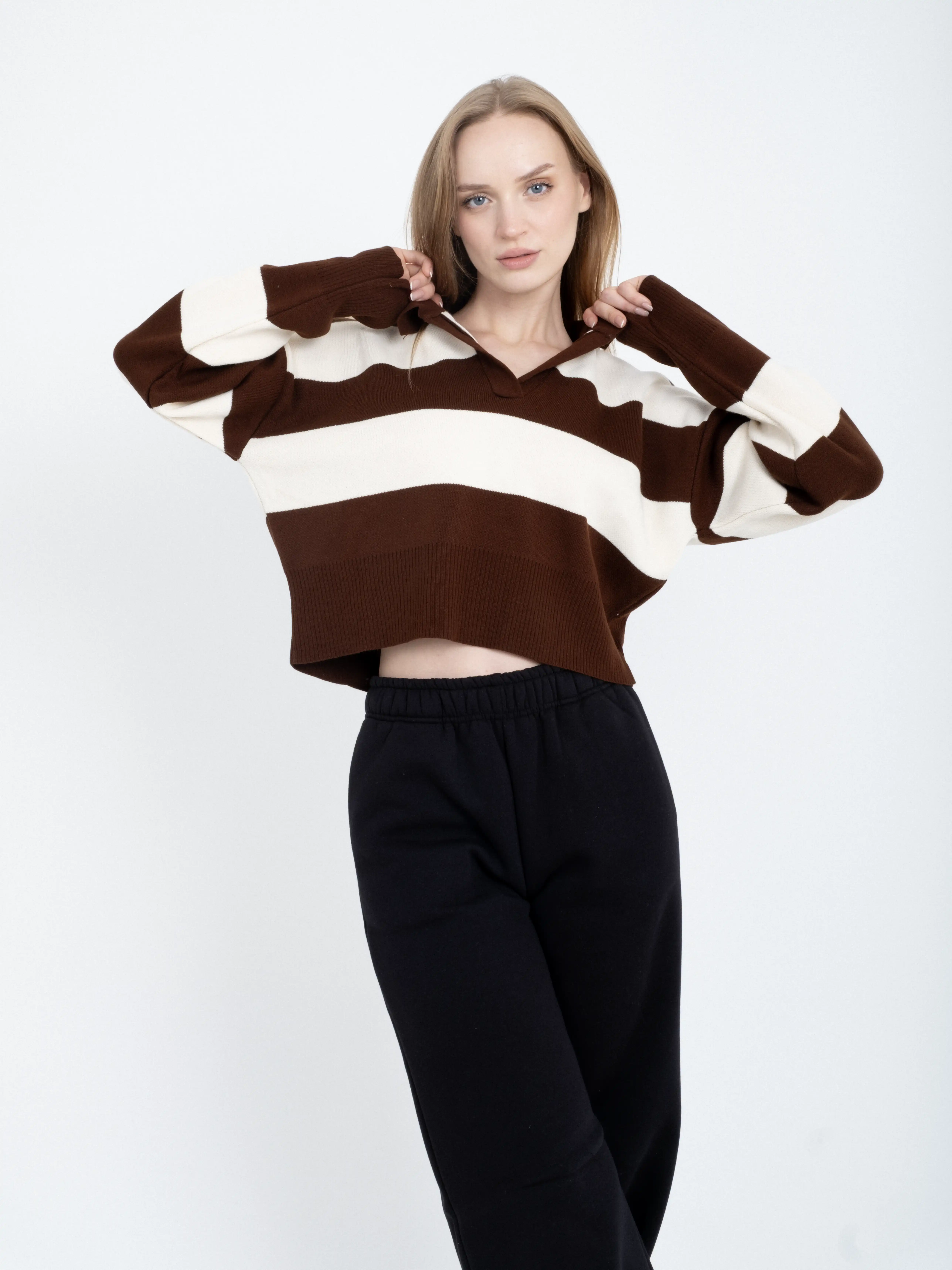 Çizgili Desenli Uzun Kollu Triko Kazak