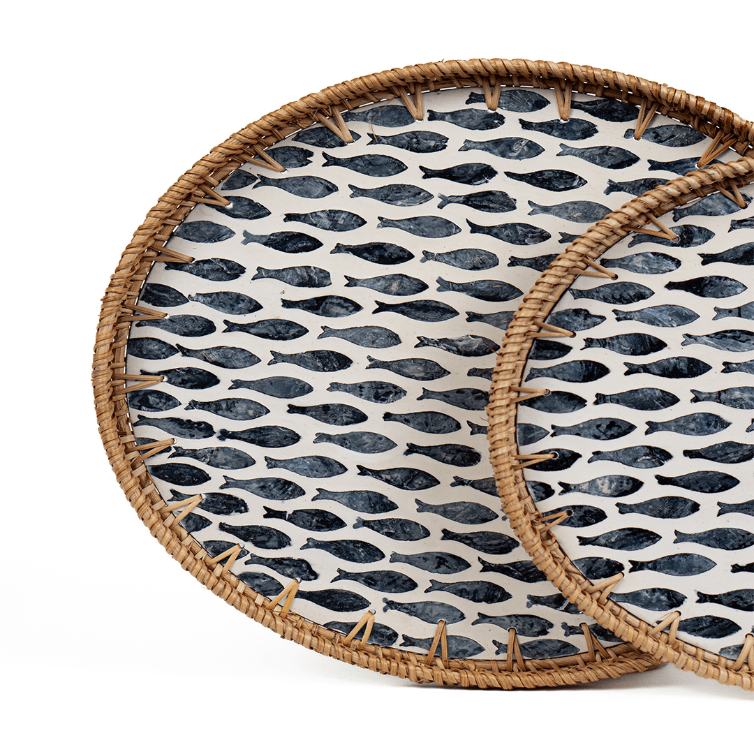 Desenli Rattan 2'li Sedef Yuvarlak Tepsi Seti - Thames Drift