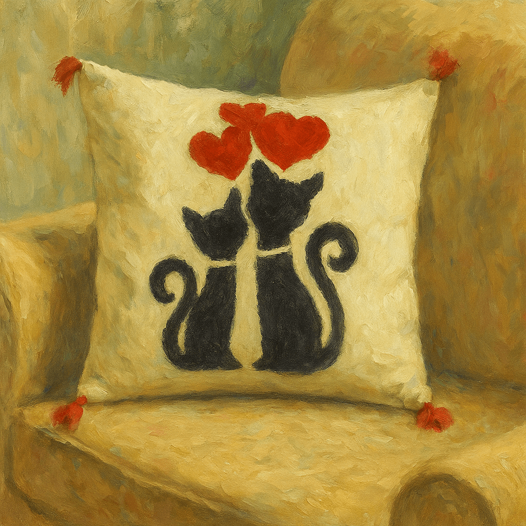 Punch Embroidered Cat in Love Patterned Cushion