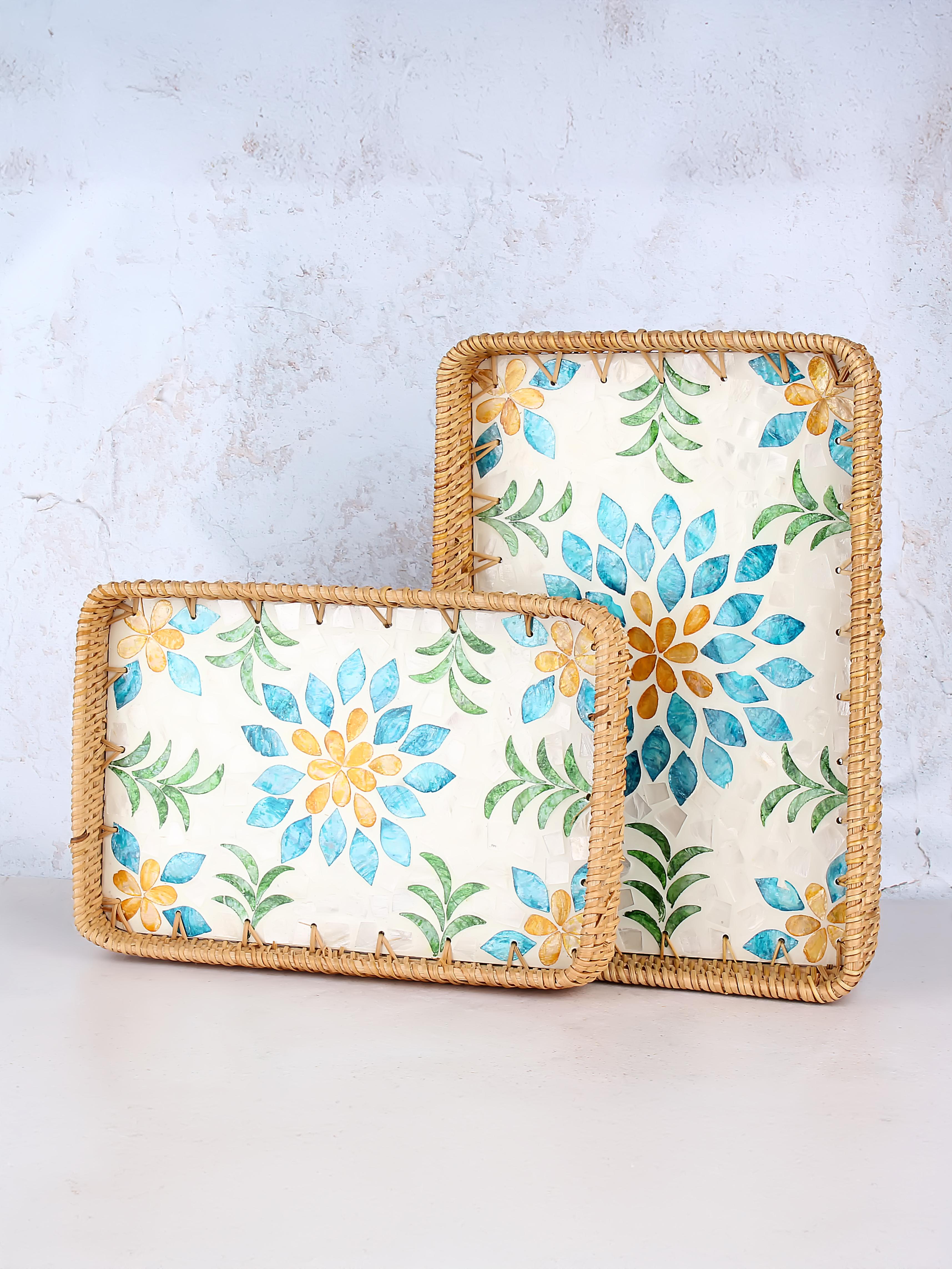 Desenli Rattan 2'li Sedef Dikdörtgen Tepsi Seti - Notting Bloom