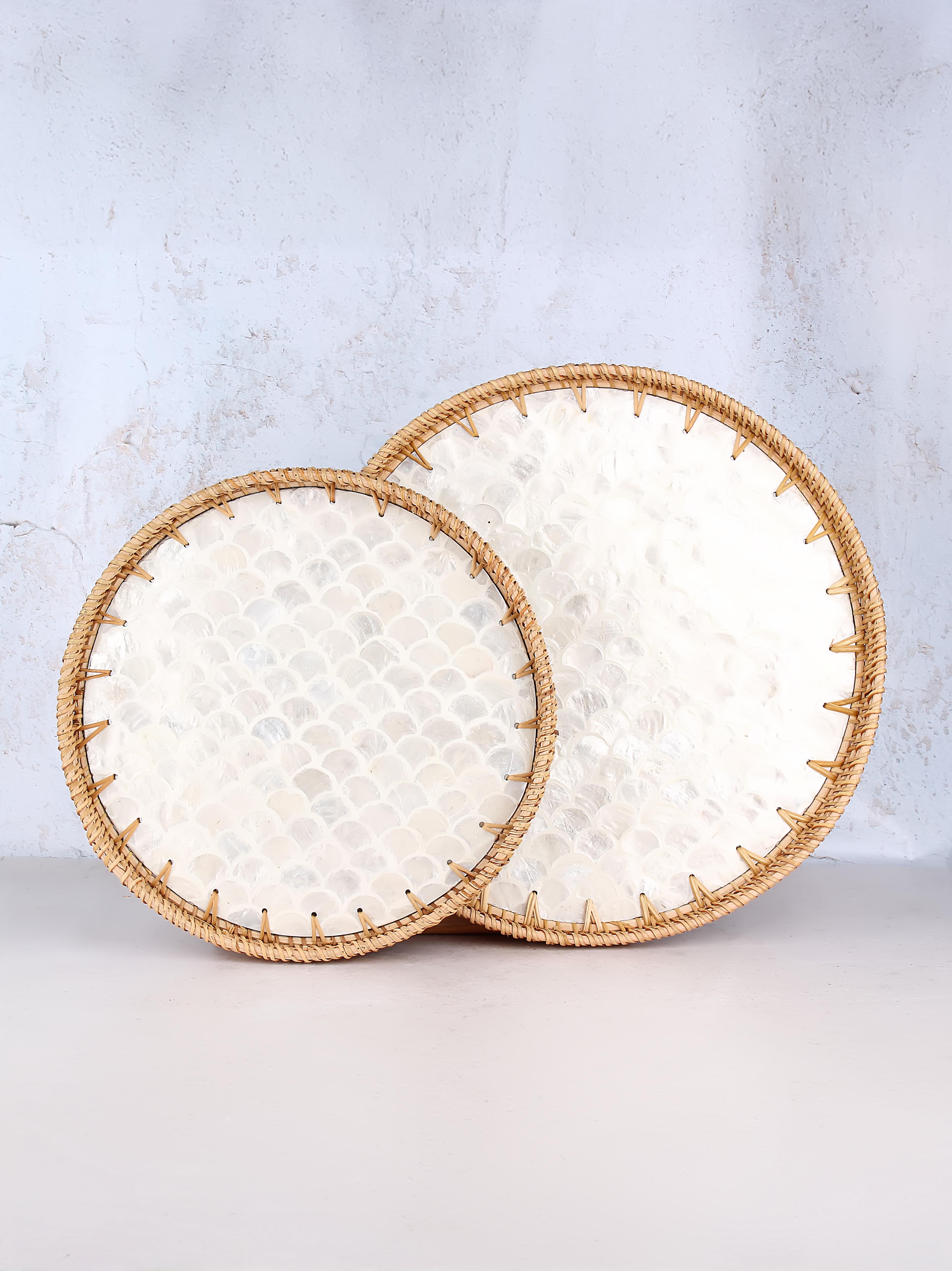 Desenli Rattan 2'li Sedef Yuvarlak Tepsi Seti - Kensington Pearl