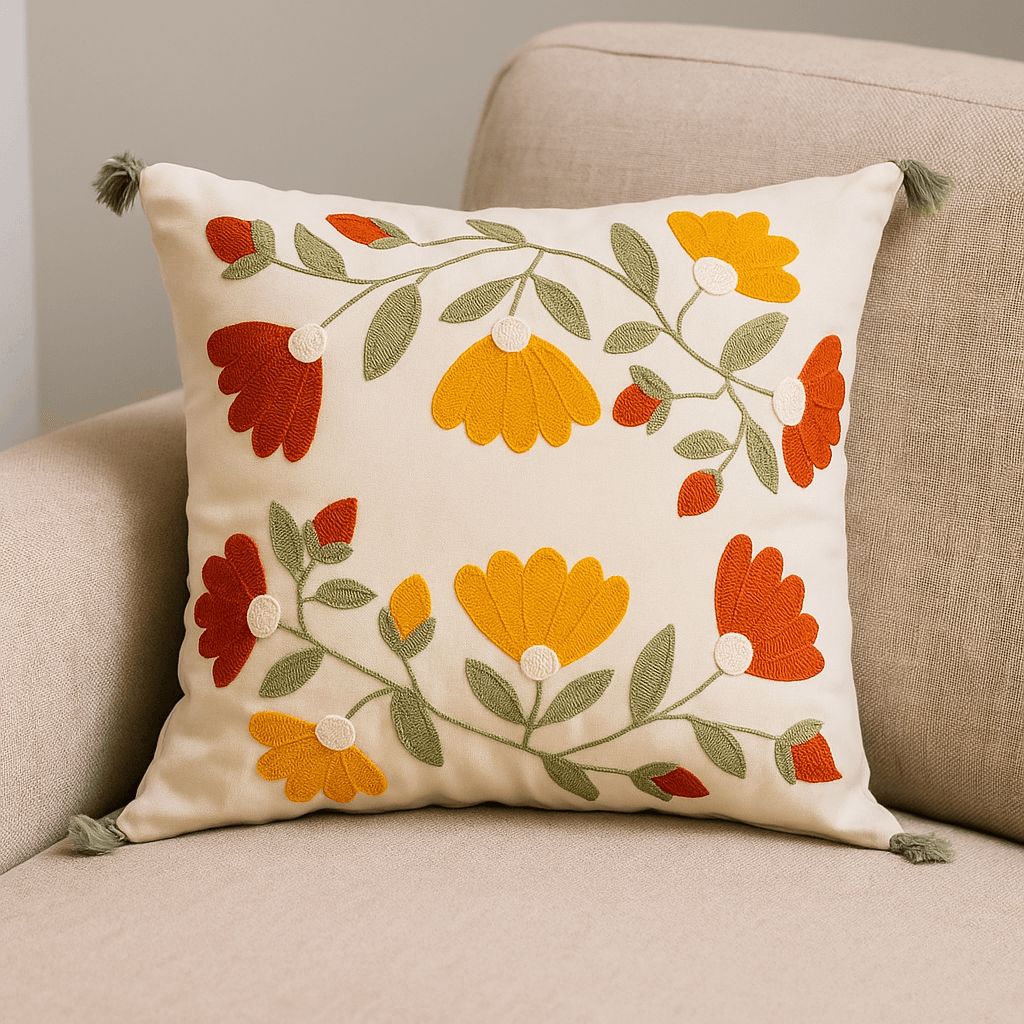 Punch Embroidered Ivy Motif Pillow