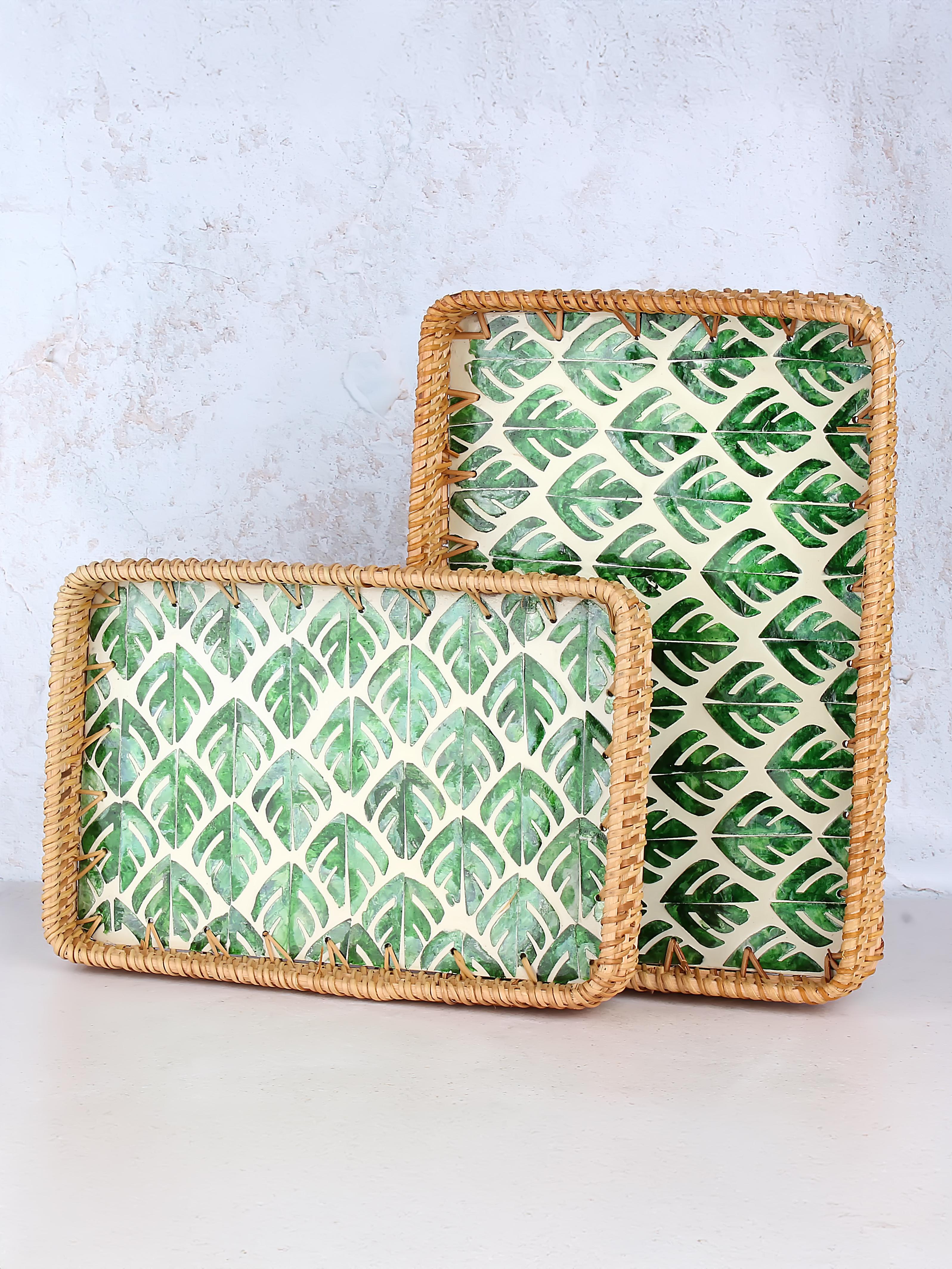 Desenli Rattan 2'li Sedef Dikdörtgen Tepsi Seti - Camden Leaves