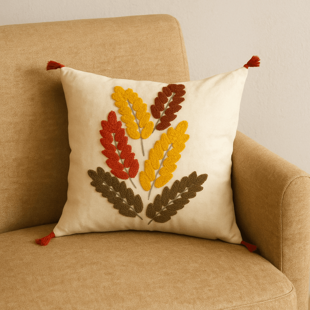 Punch Embroidered Leaf Motif Pillow