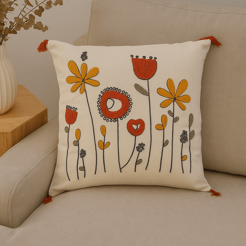 Cotton with Punch Embroidery Tulip and Daisy Motif