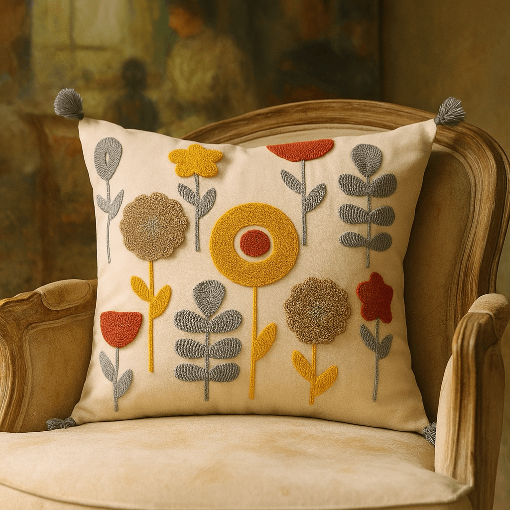 Punch Embroidered Flower Motif Pillow 