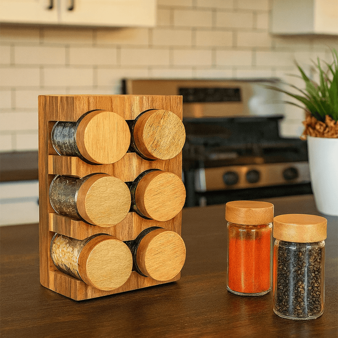 Acacia Naturel Standed 6-Piece Glass Spice Holder