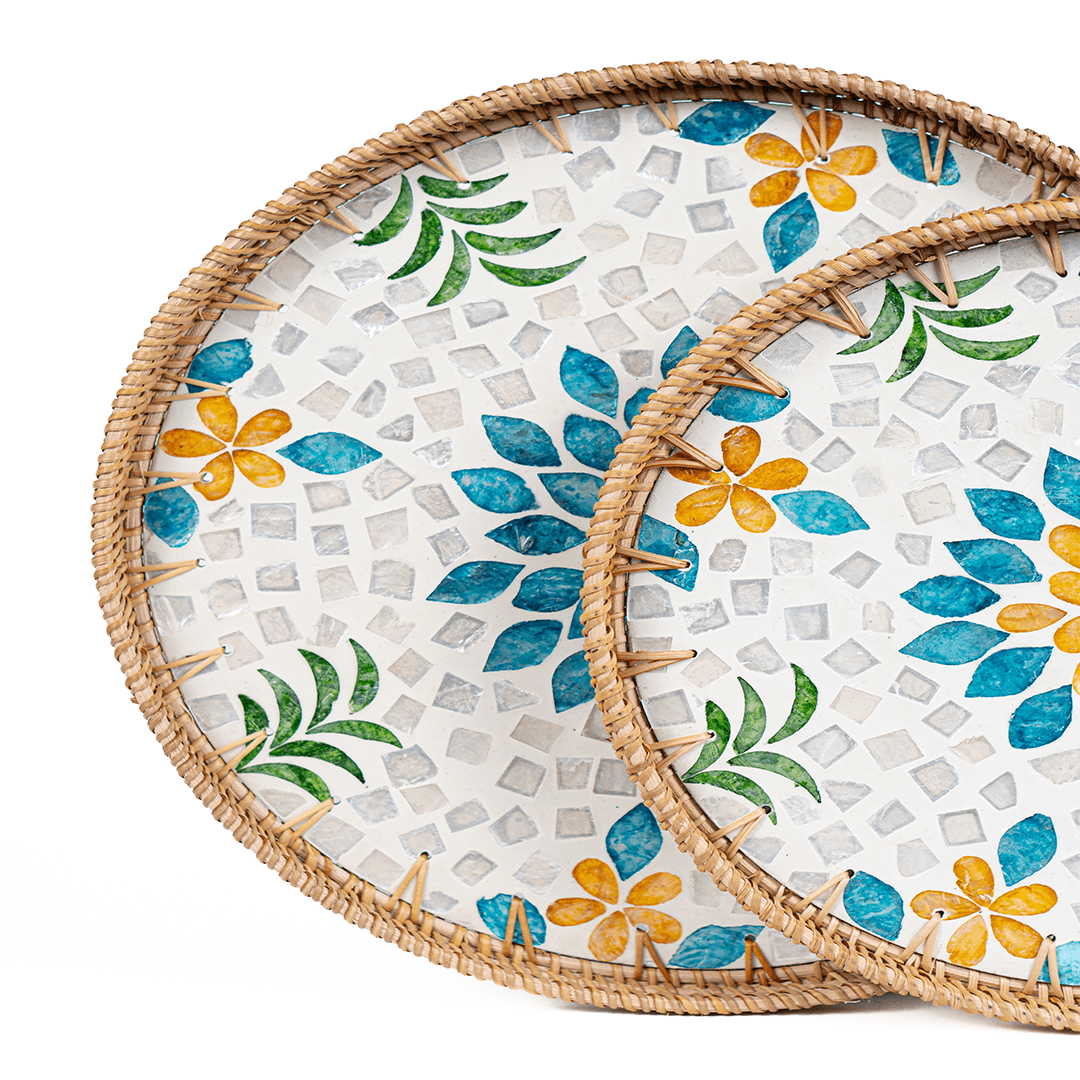 Desenli Rattan 2'li Sedef Yuvarlak Tepsi Seti