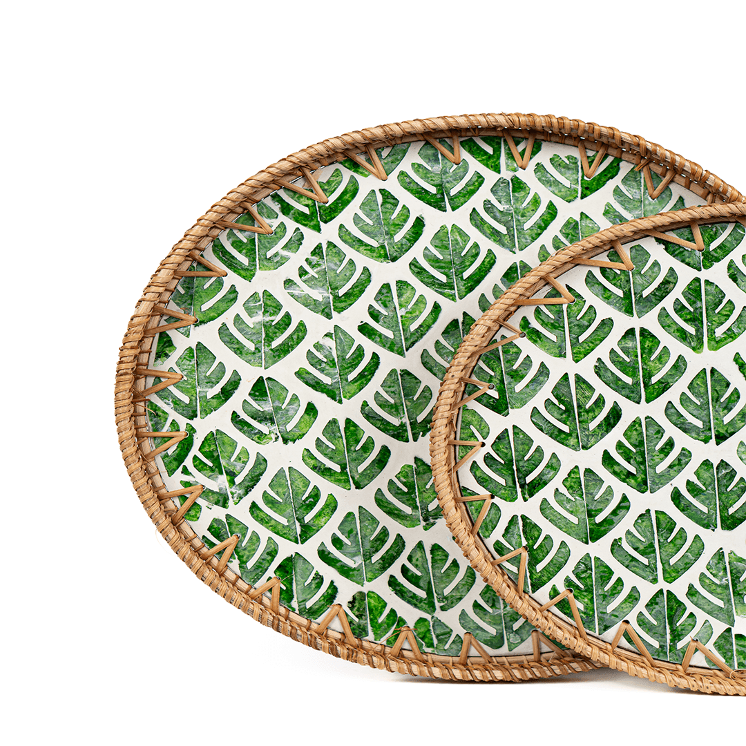 Desenli Rattan 2'li Sedef Yuvarlak Tepsi Seti - Camden Leaves