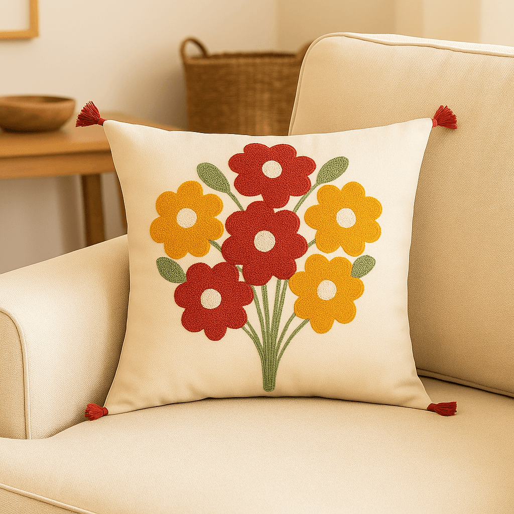 Punch Embroidered Flower Bouquet Motif Cushion