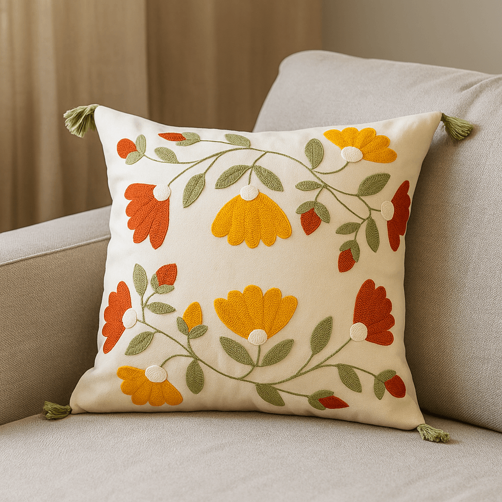 Punch Embroidered Ivy Motif Pillow