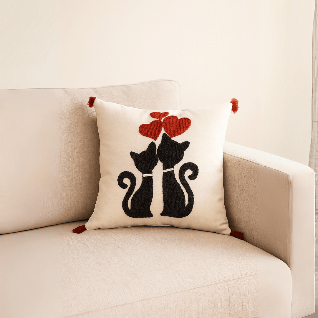 Punch Embroidered Cat in Love Patterned Cushion