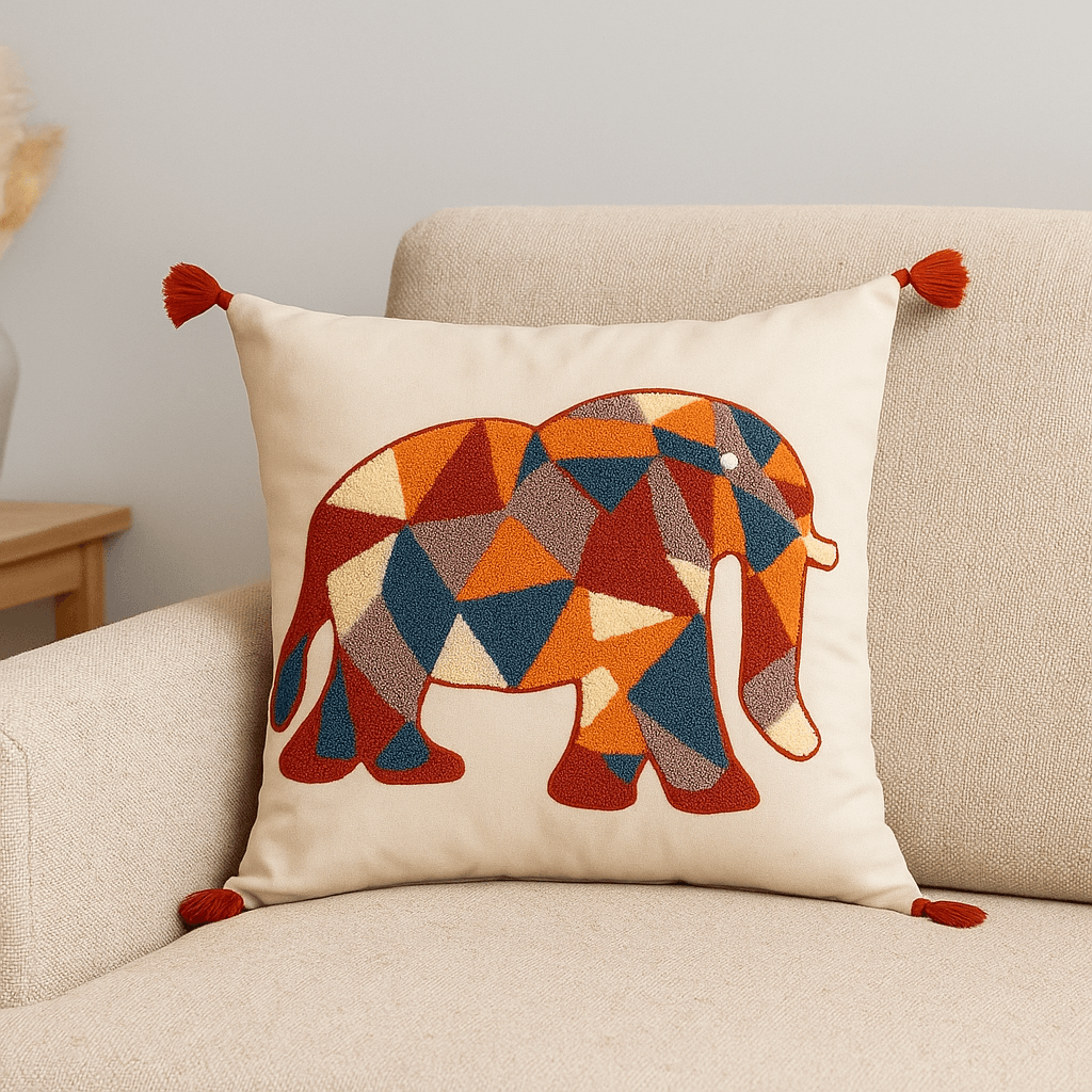 Punch Embroidered Elephant Motif Cushion